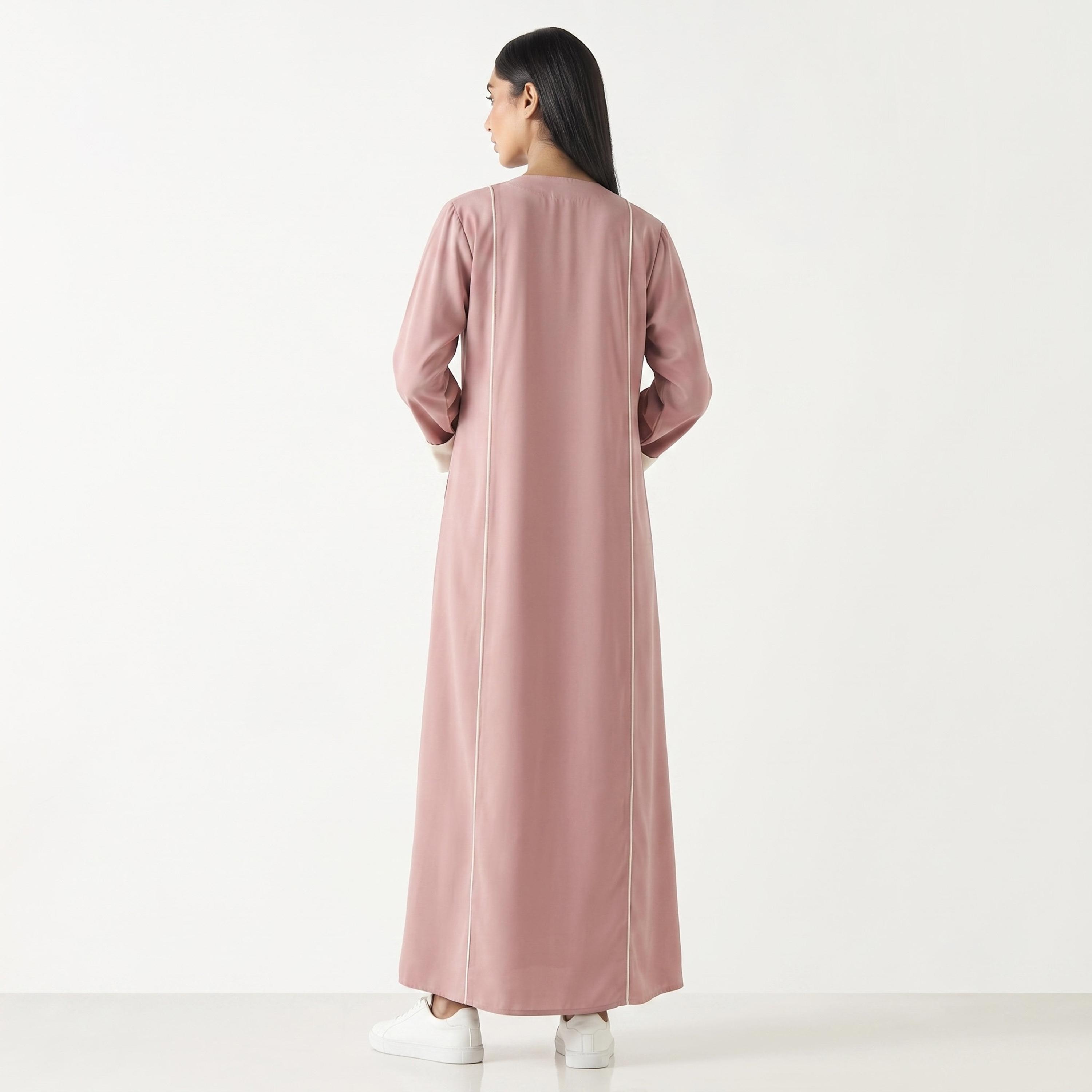 Hadiyath Al Madinah Piping Detailed Contrast Cuff Sleeves Nida Women's Abaya with Hijab-women-arabicclothing-abayas-image-4