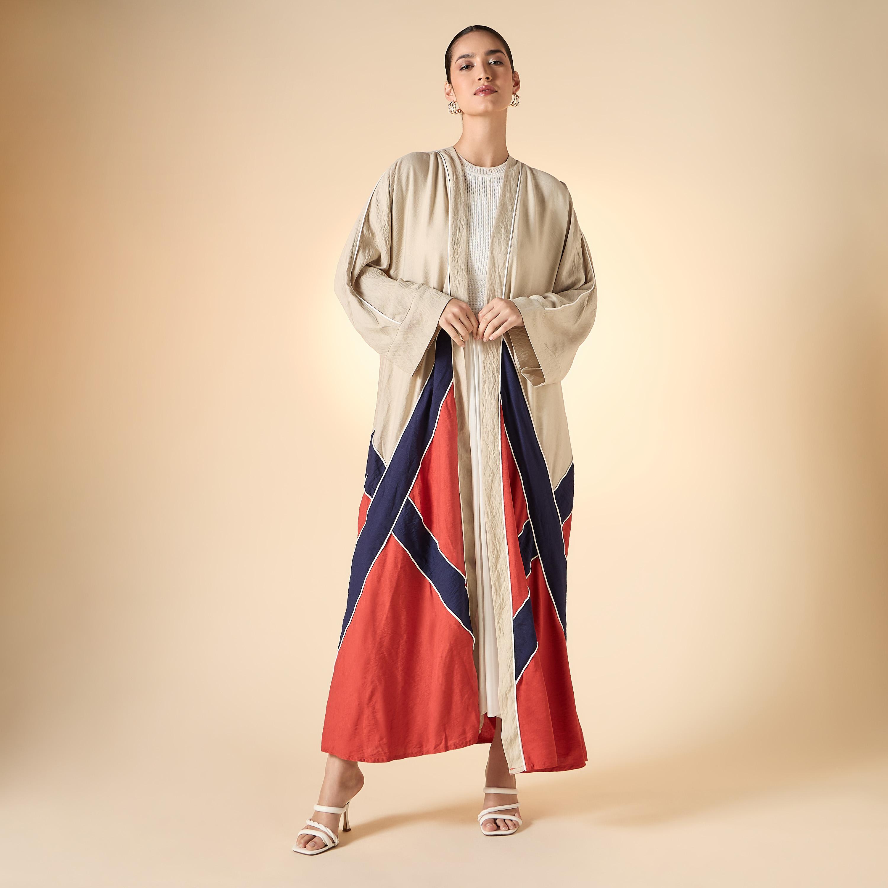 Hadiyath Al Madinah Colourblock Open Front Abaya-women-arabicclothing-abayas-image-1