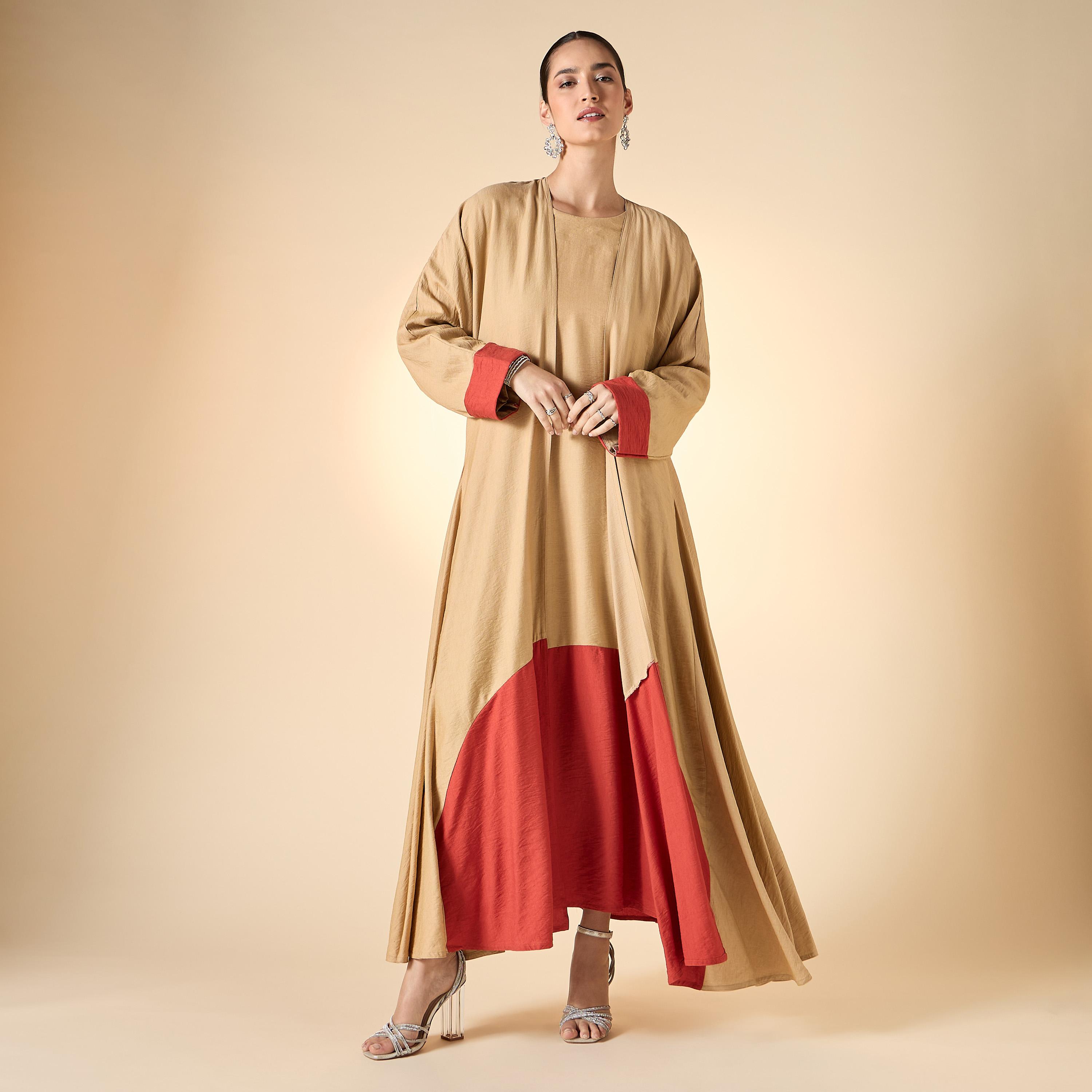 Hadiyath Al Madinah Colourblock Open Front Abaya-women-arabicclothing-abayas-image-1