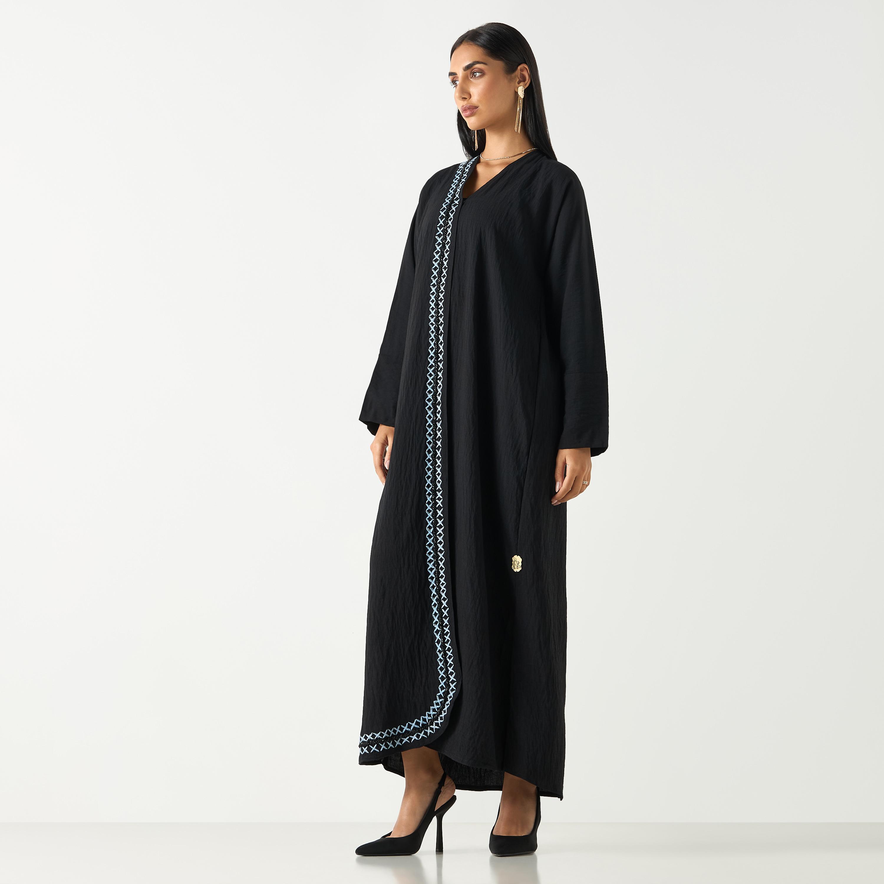 Hadiyath Al Madinah Cross-Stitch Embroidered V-neck Abaya-women-arabicclothing-abayas-image-1