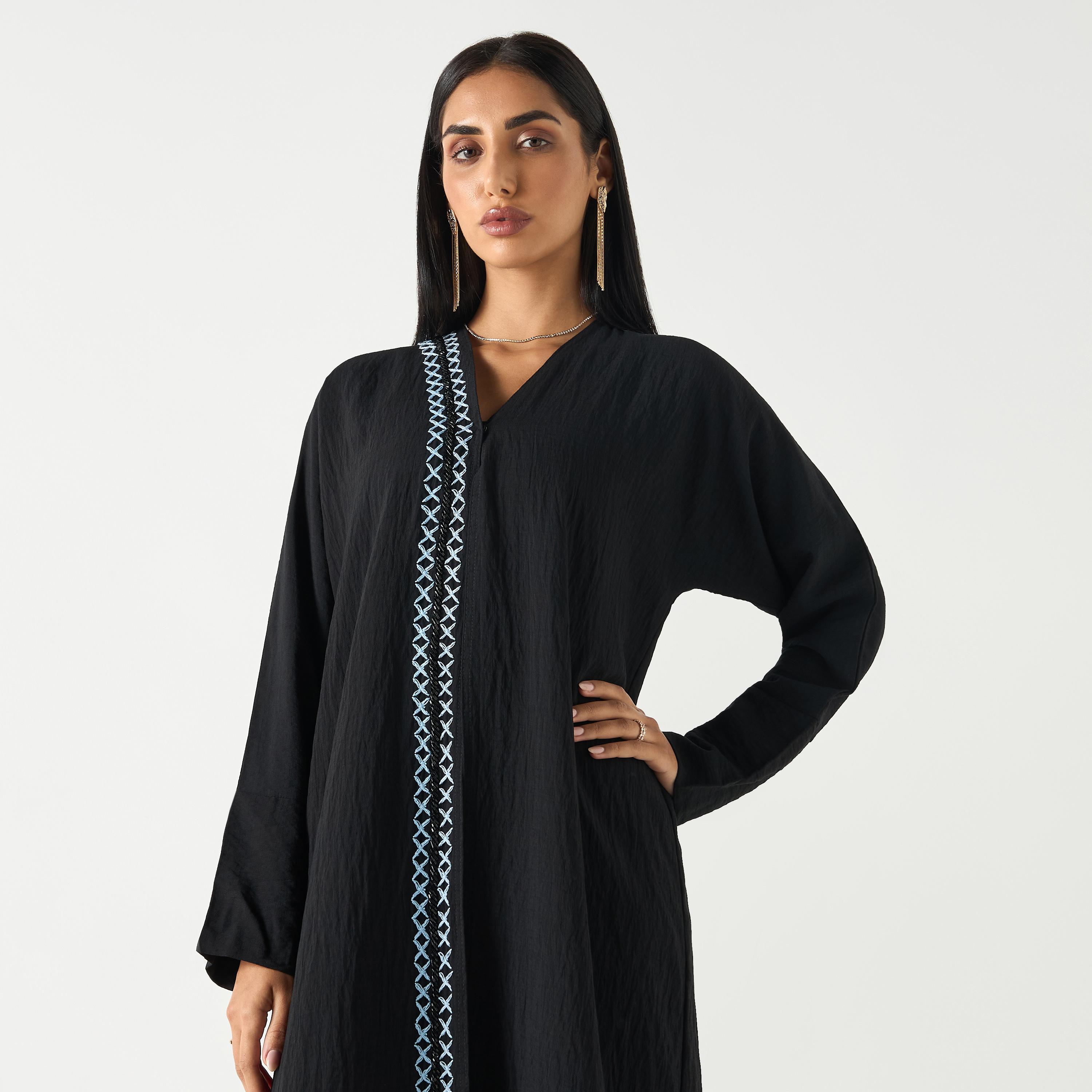 Hadiyath Al Madinah Cross-Stitch Embroidered V-neck Abaya-women-arabicclothing-abayas-image-2