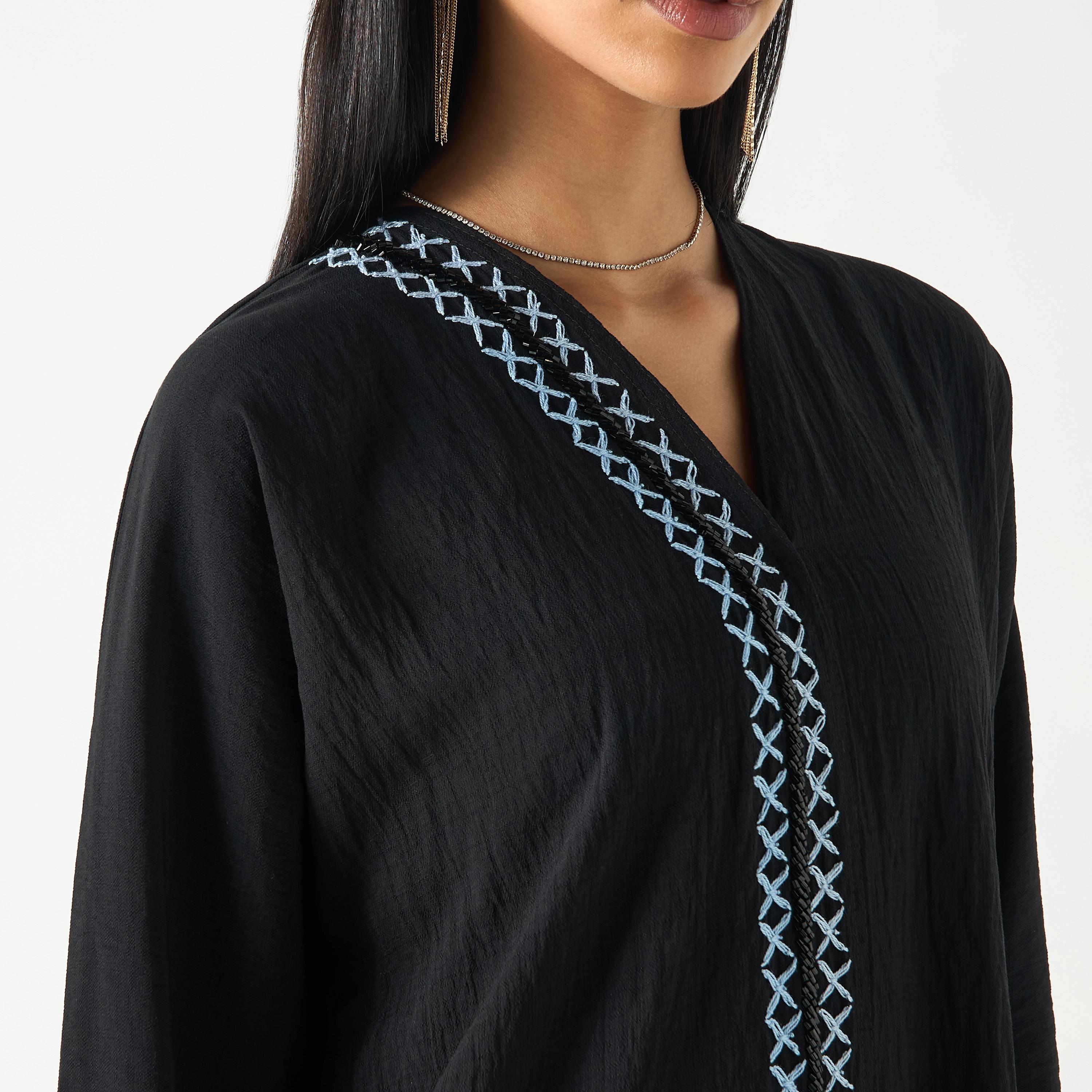 Hadiyath Al Madinah Cross-Stitch Embroidered V-neck Abaya-women-arabicclothing-abayas-image-3