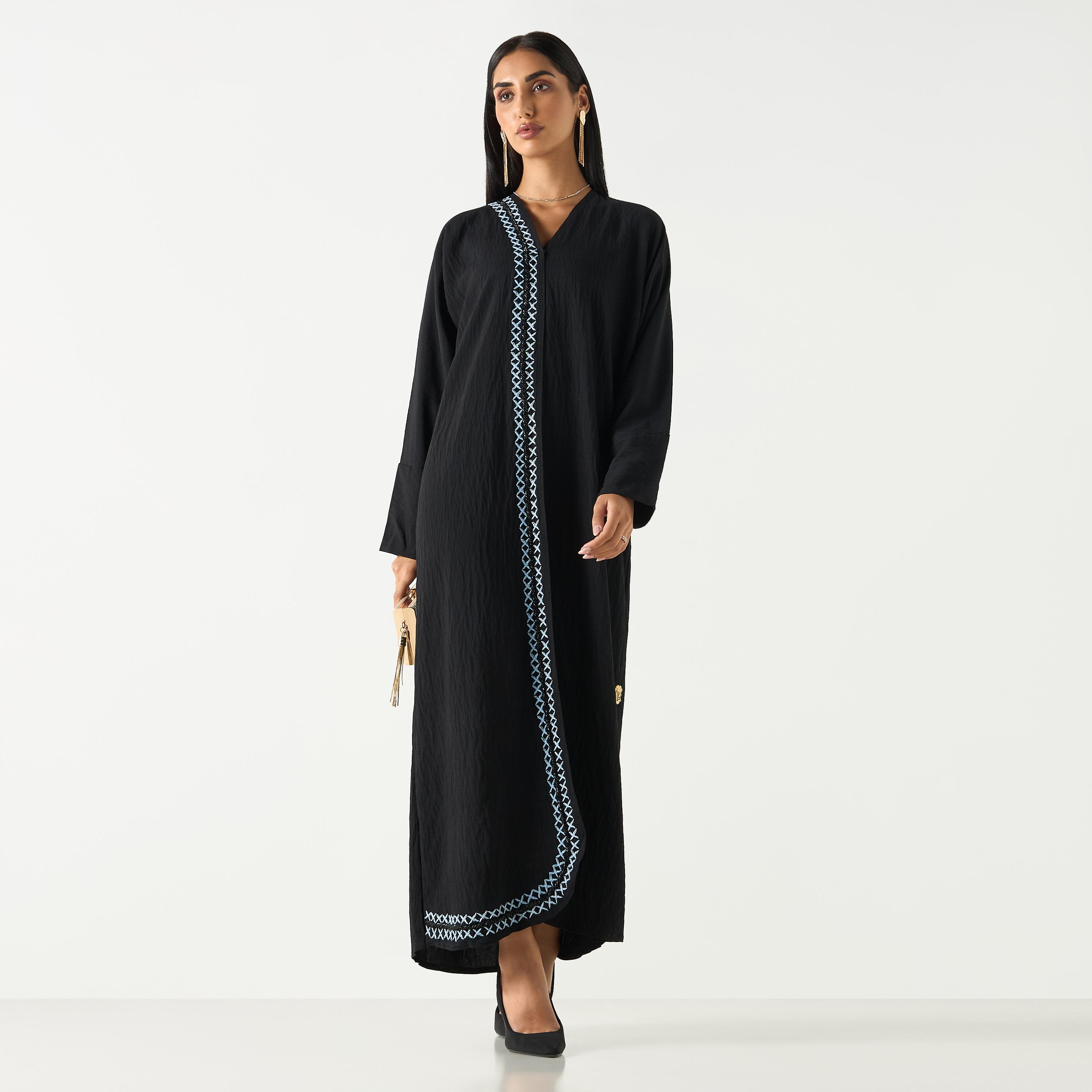 Hadiyath Al Madinah Cross-Stitch Embroidered V-neck Abaya-women-arabicclothing-abayas-image-5