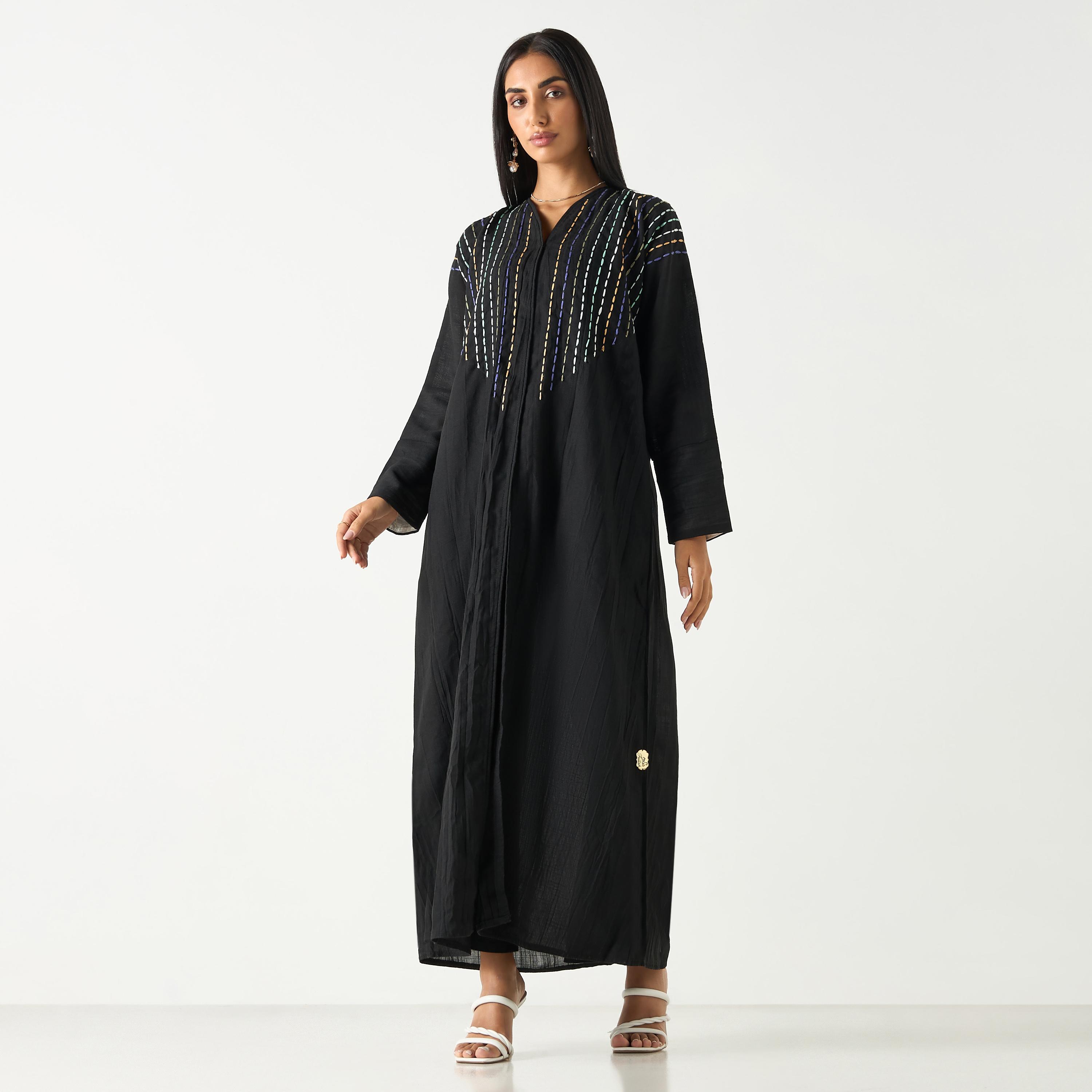 Hadiyath Al Madinah Embroidered V-neck Abaya with Hijab-women-arabicclothing-abayas-image-1