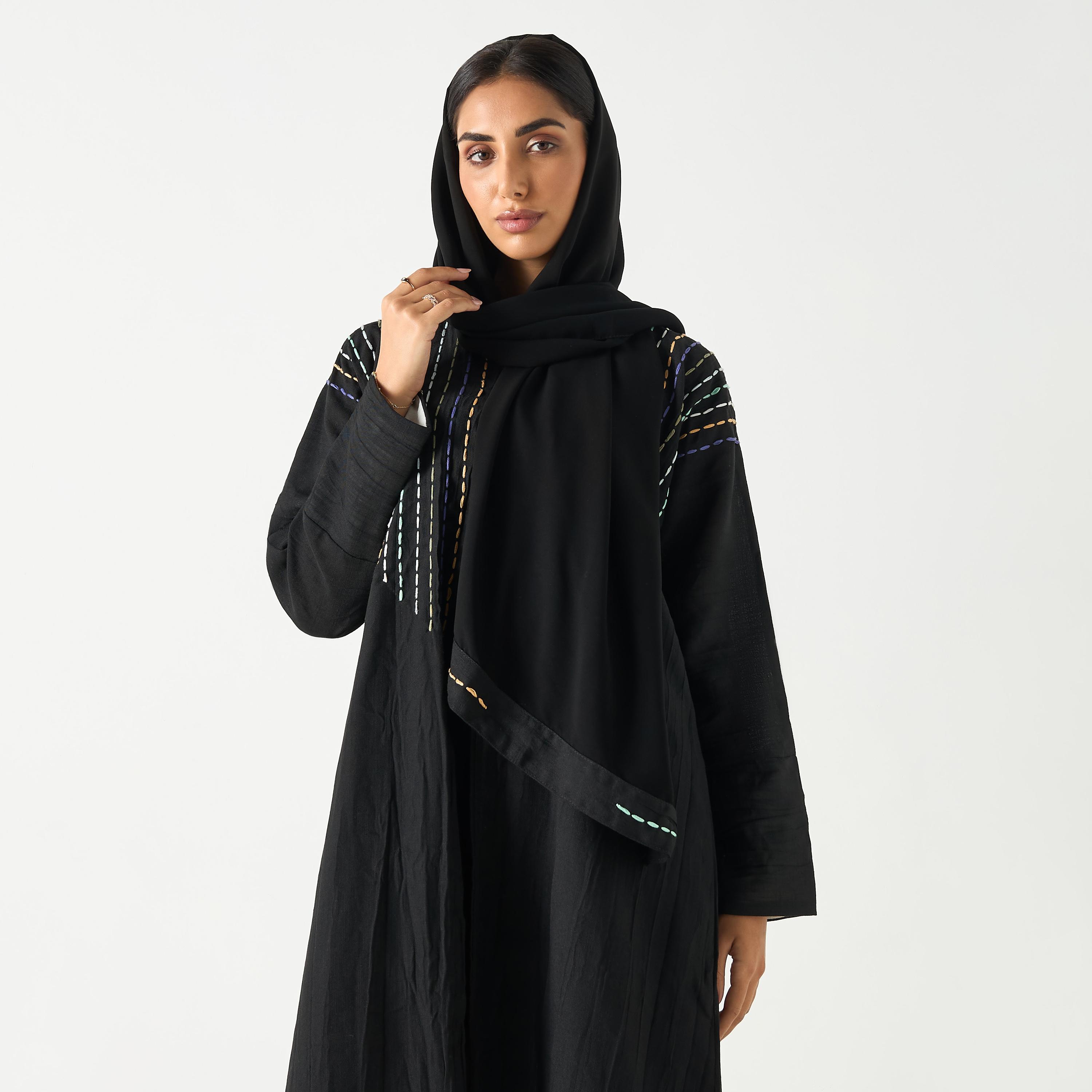 Hadiyath Al Madinah Embroidered V-neck Abaya with Hijab-women-arabicclothing-abayas-image-2