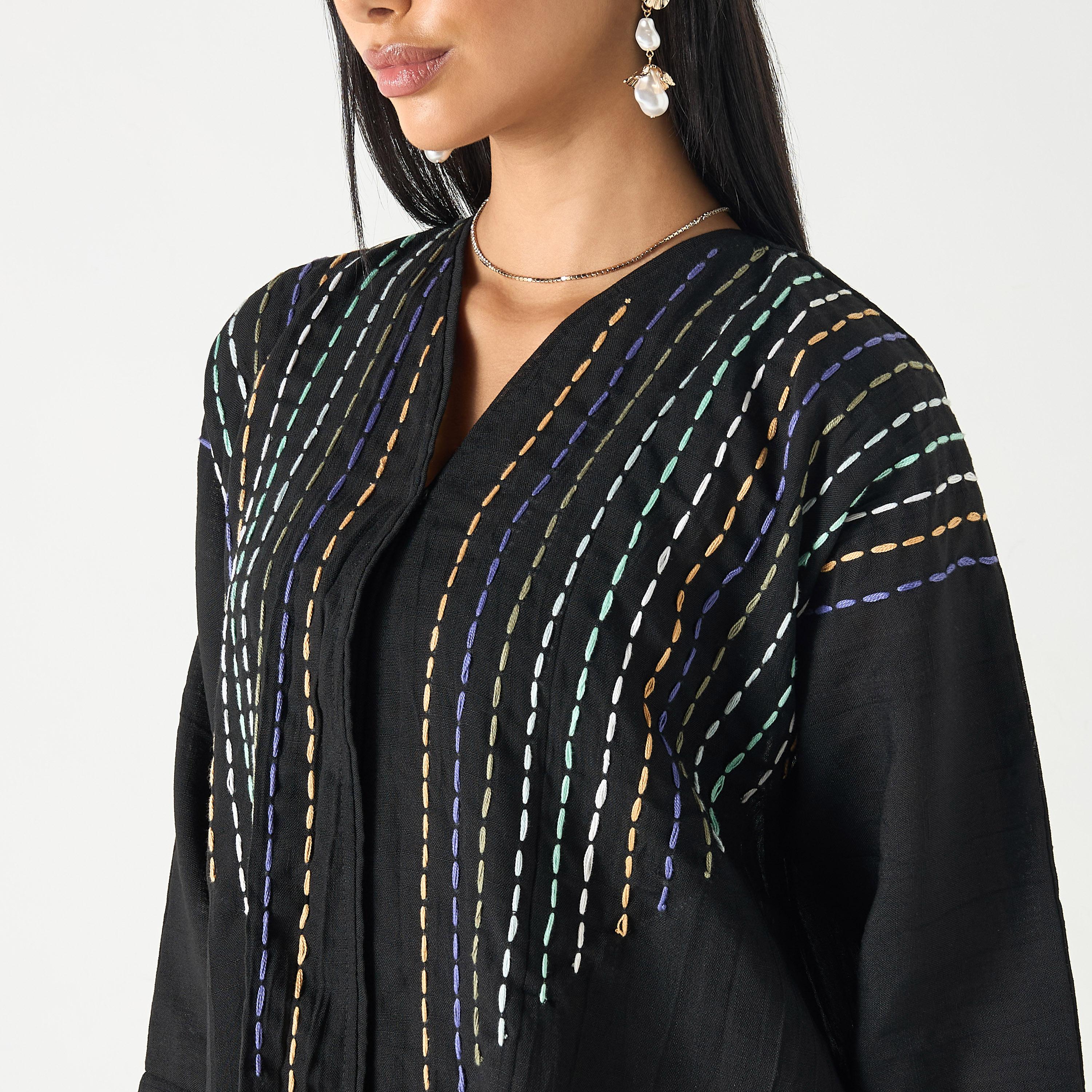 Hadiyath Al Madinah Embroidered V-neck Abaya with Hijab-women-arabicclothing-abayas-image-3