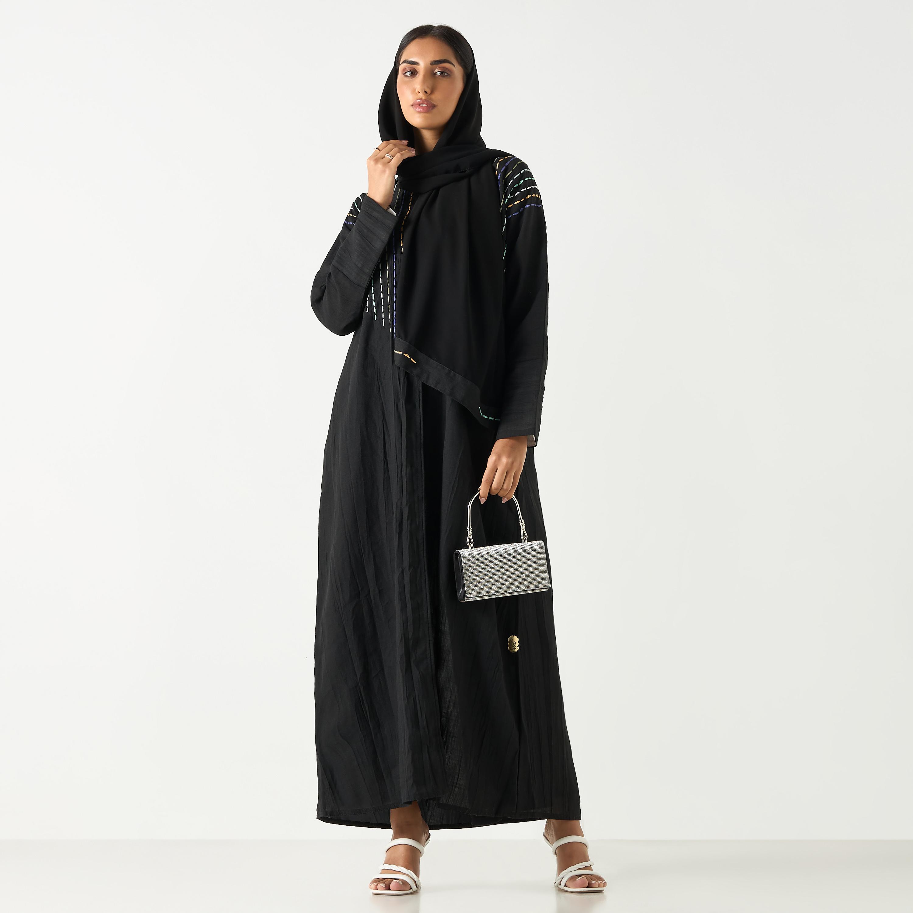 Hadiyath Al Madinah Embroidered V-neck Abaya with Hijab-women-arabicclothing-abayas-image-4