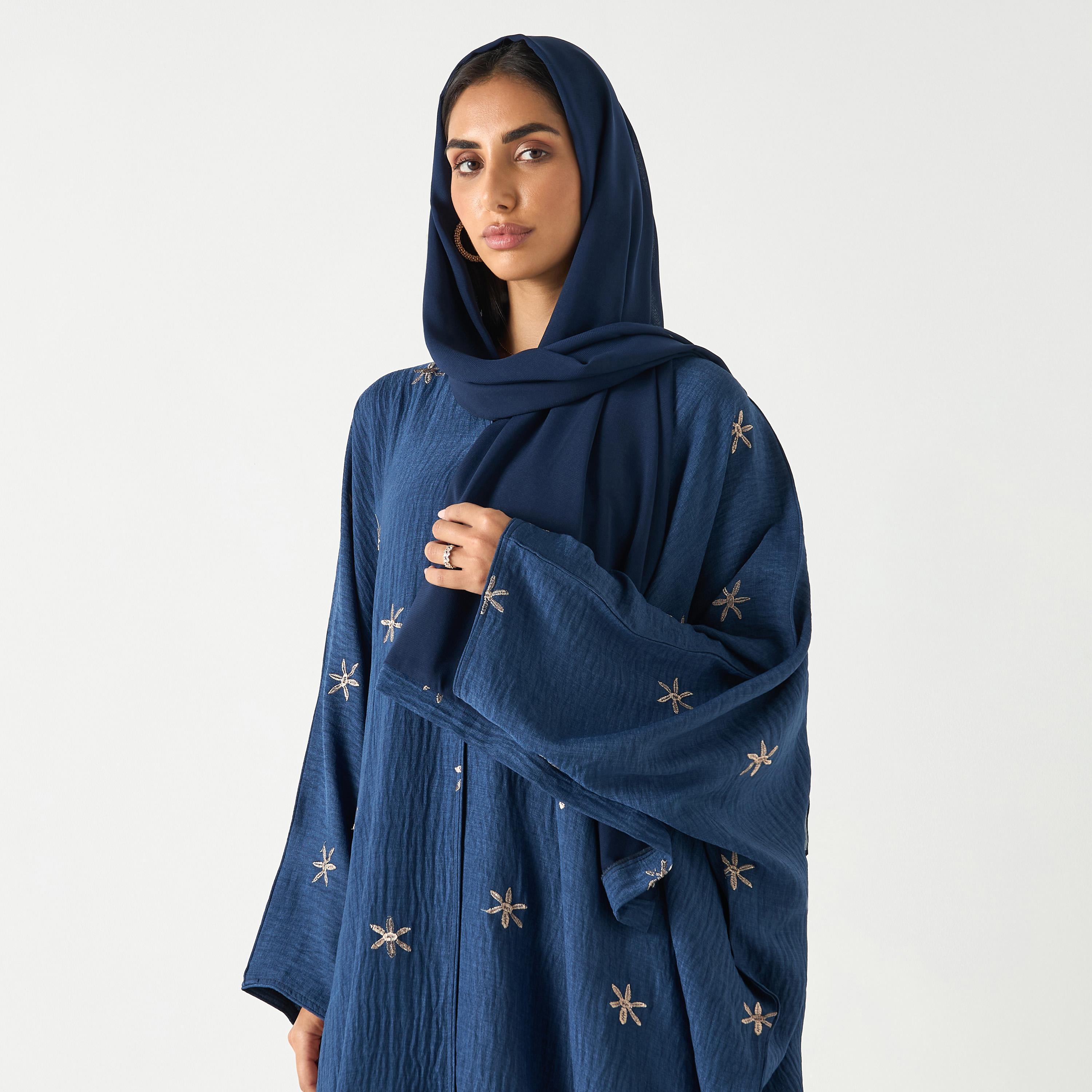 Hadiyth Al Madinah Embroidered V-neck Abaya with Hijab-women-arabicclothing-abayas-image-2