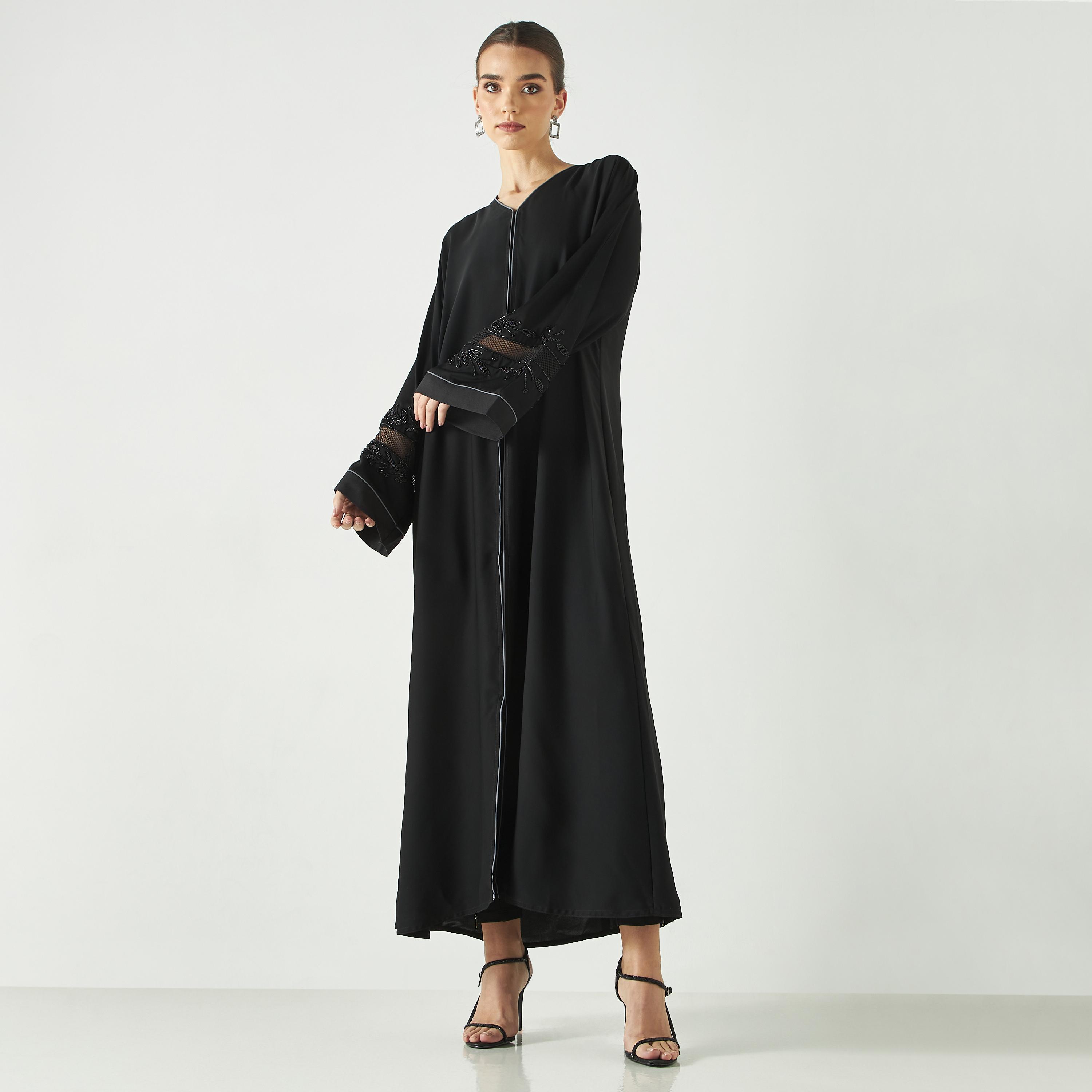 Hadiyath Al Madinah Embellished Abaya with Mesh Detail-women-arabicclothing-abayas-image-1