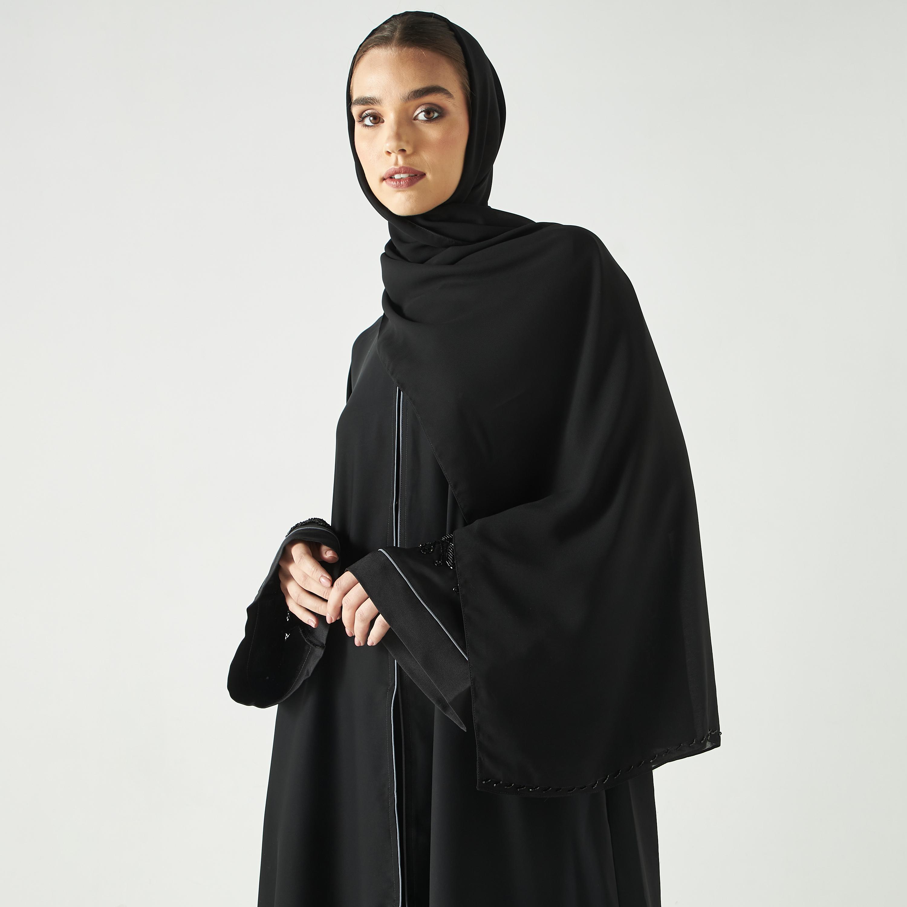 Hadiyath Al Madinah Embellished Abaya with Mesh Detail-women-arabicclothing-abayas-image-2