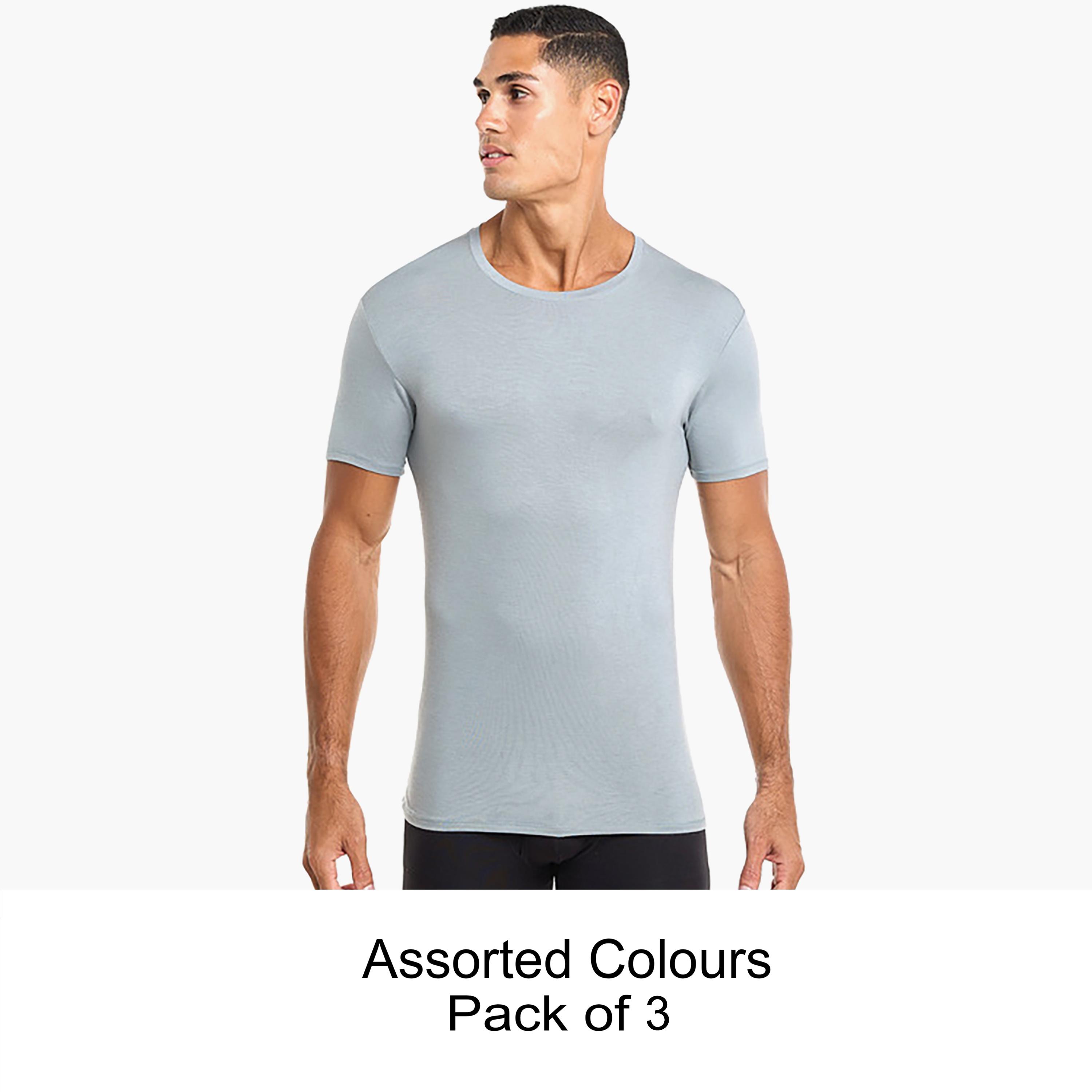 Hanes Assorted Pack of 3 Plain Round Neck Short Sleeves Men's Under T-Shirt-men-clothing-innerwear-vests-image-1