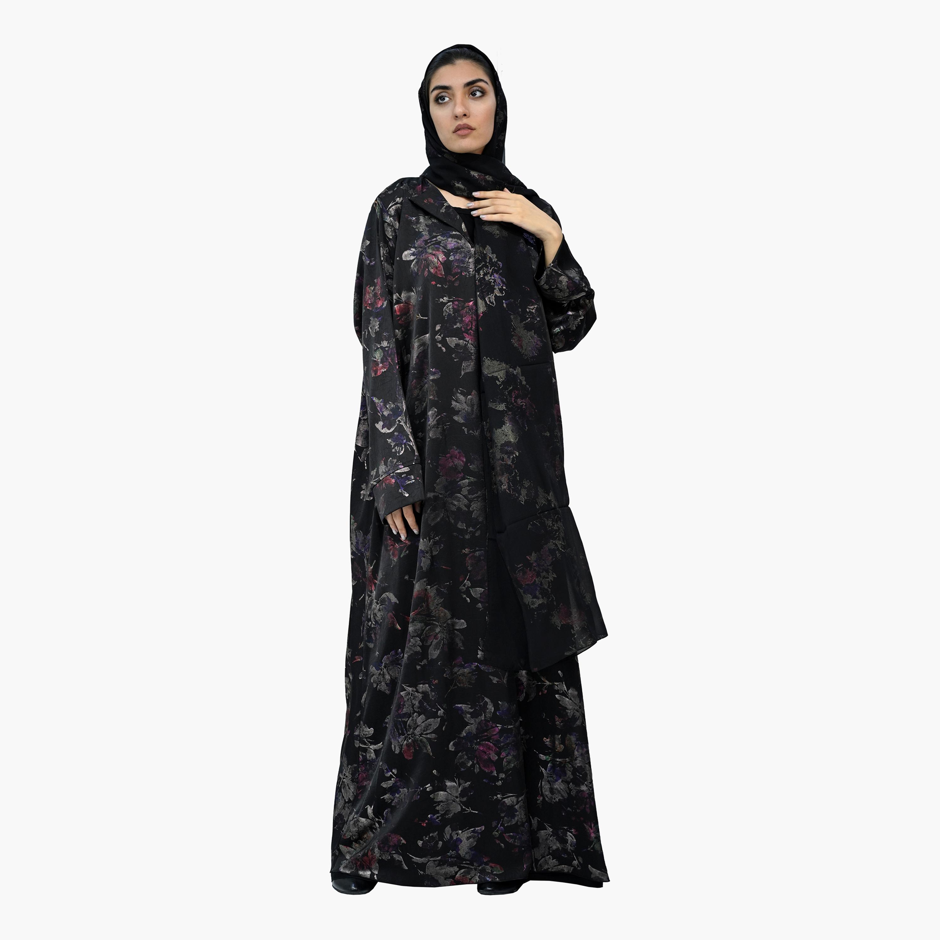 Nukhbaa Black Lapel Collar Floral Abaya with Hijab-women-arabicclothing-abayas-image-1