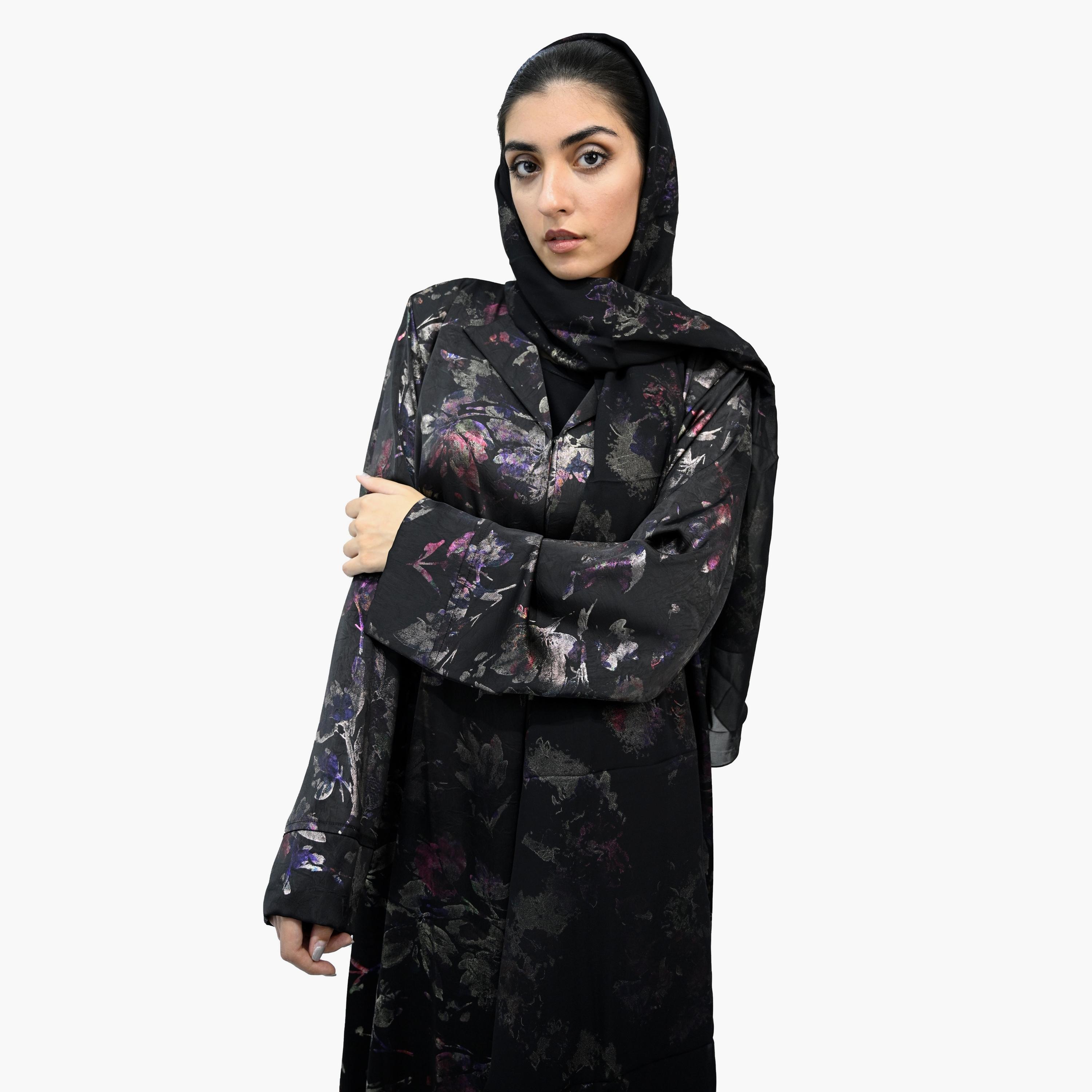 Nukhbaa Black Lapel Collar Floral Abaya with Hijab-women-arabicclothing-abayas-image-2
