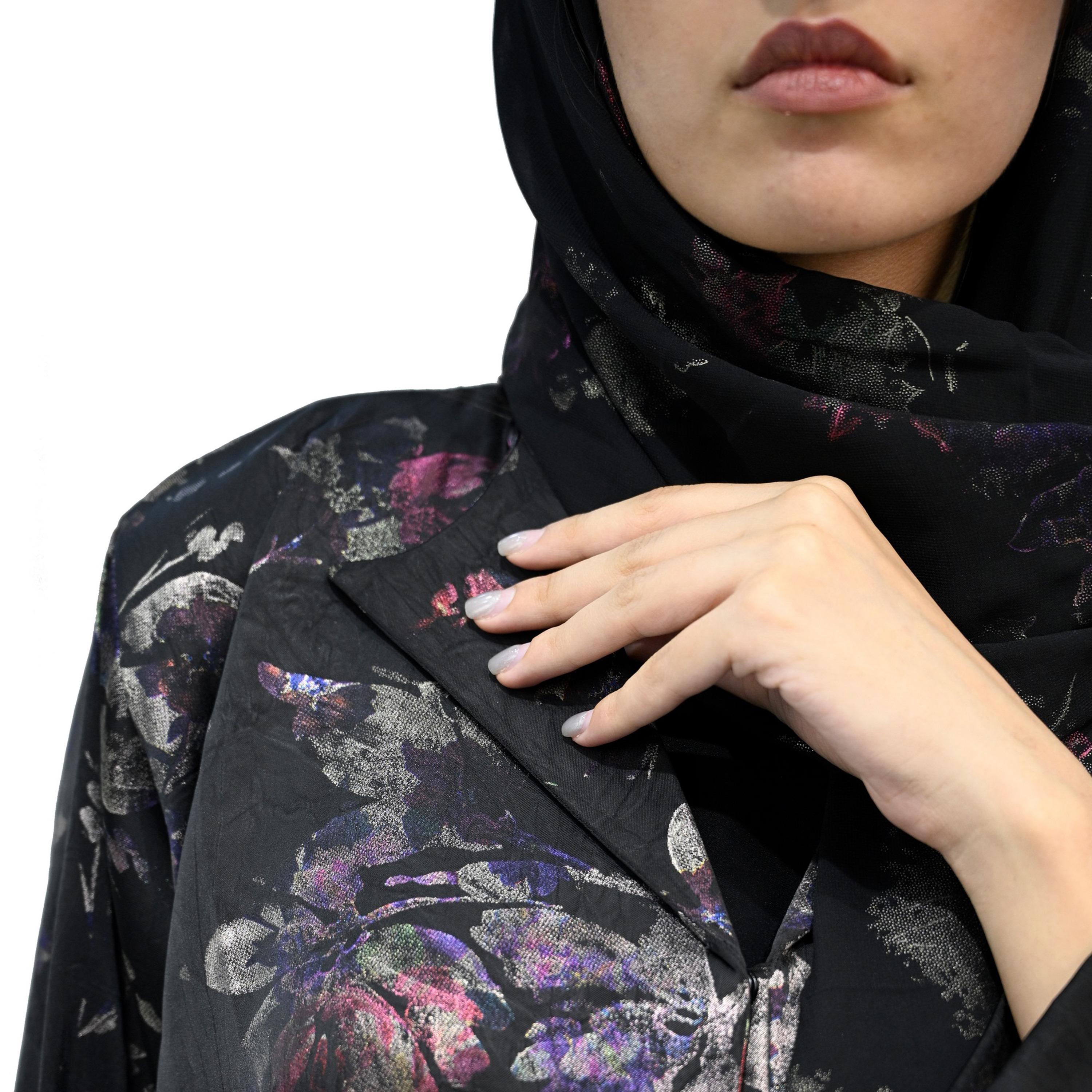 Nukhbaa Black Lapel Collar Floral Abaya with Hijab-women-arabicclothing-abayas-image-3