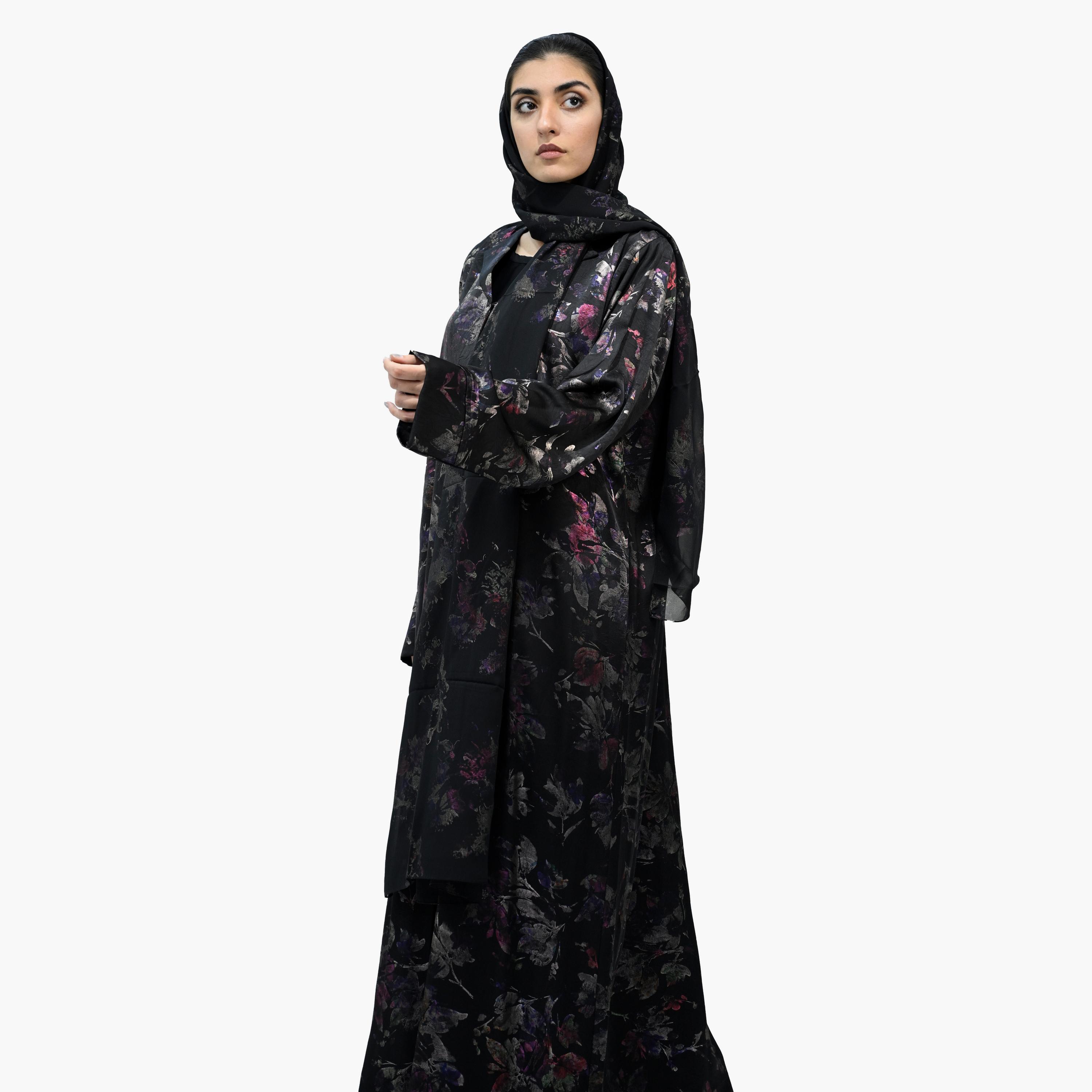 Nukhbaa Black Lapel Collar Floral Abaya with Hijab-women-arabicclothing-abayas-image-4