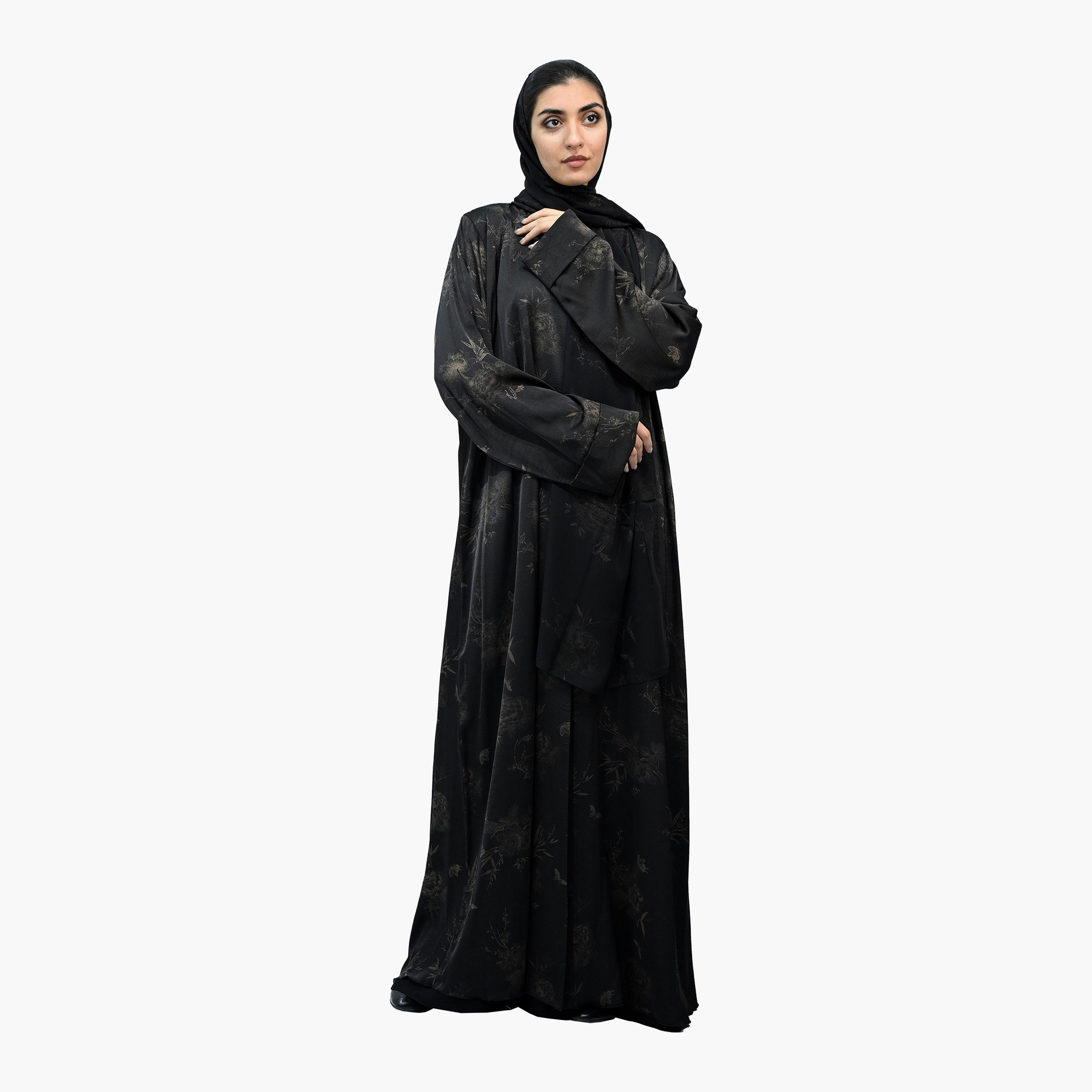 Nukhbaa Black Wide Sleeves Floral Abaya with Hijab-women-arabicclothing-abayas-image-1