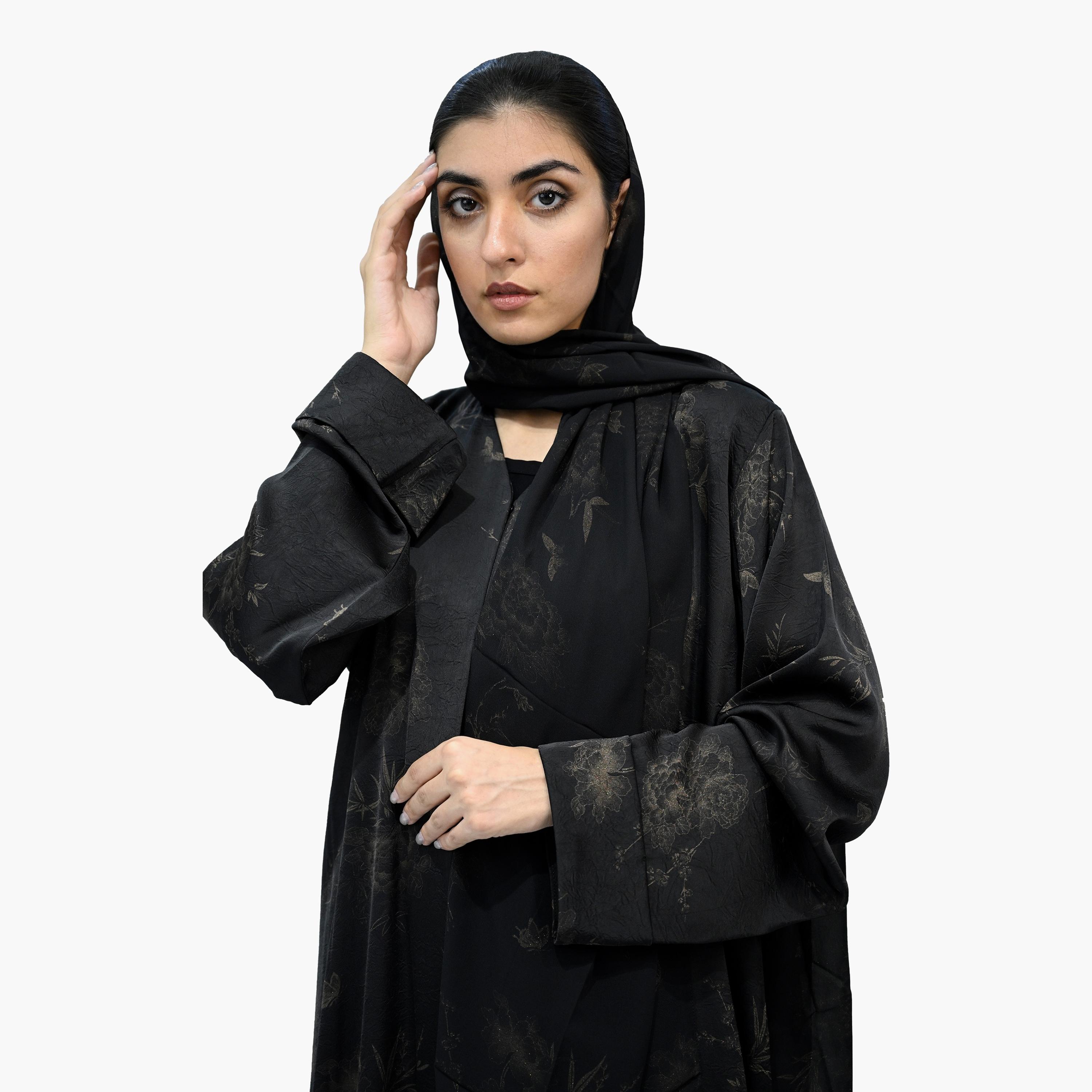 Nukhbaa Black Wide Sleeves Floral Abaya with Hijab-women-arabicclothing-abayas-image-2