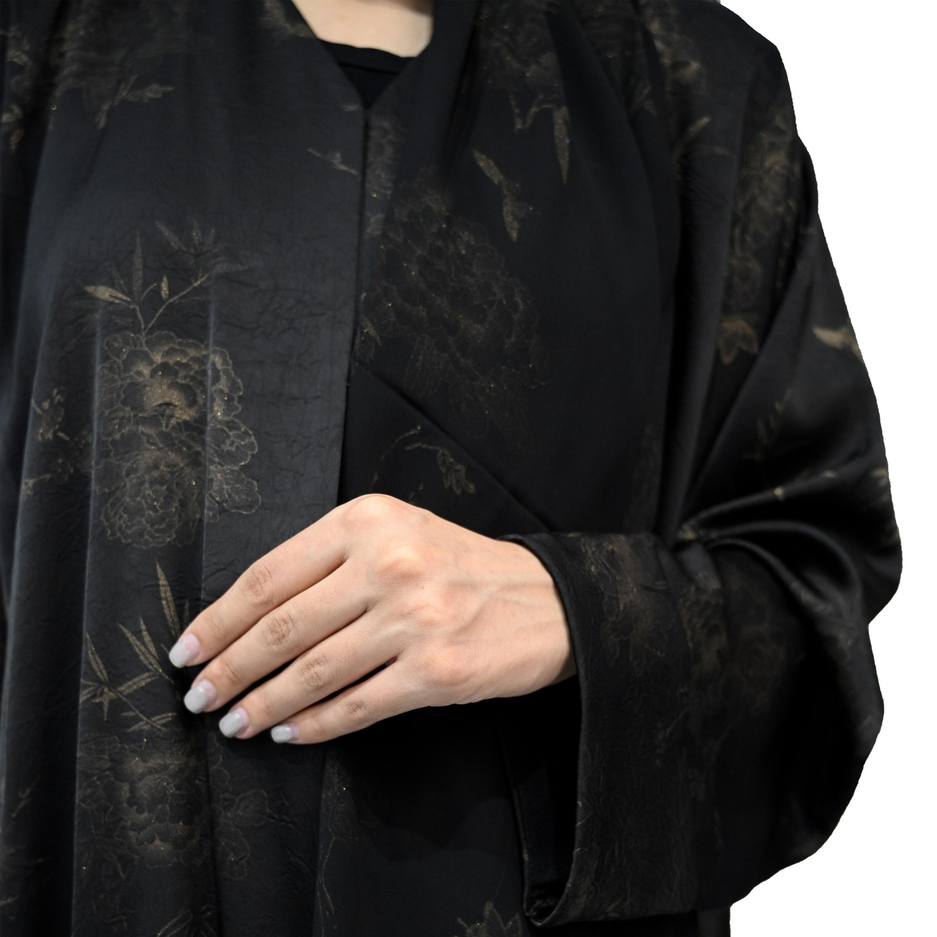 Nukhbaa Black Wide Sleeves Floral Abaya with Hijab-women-arabicclothing-abayas-image-3