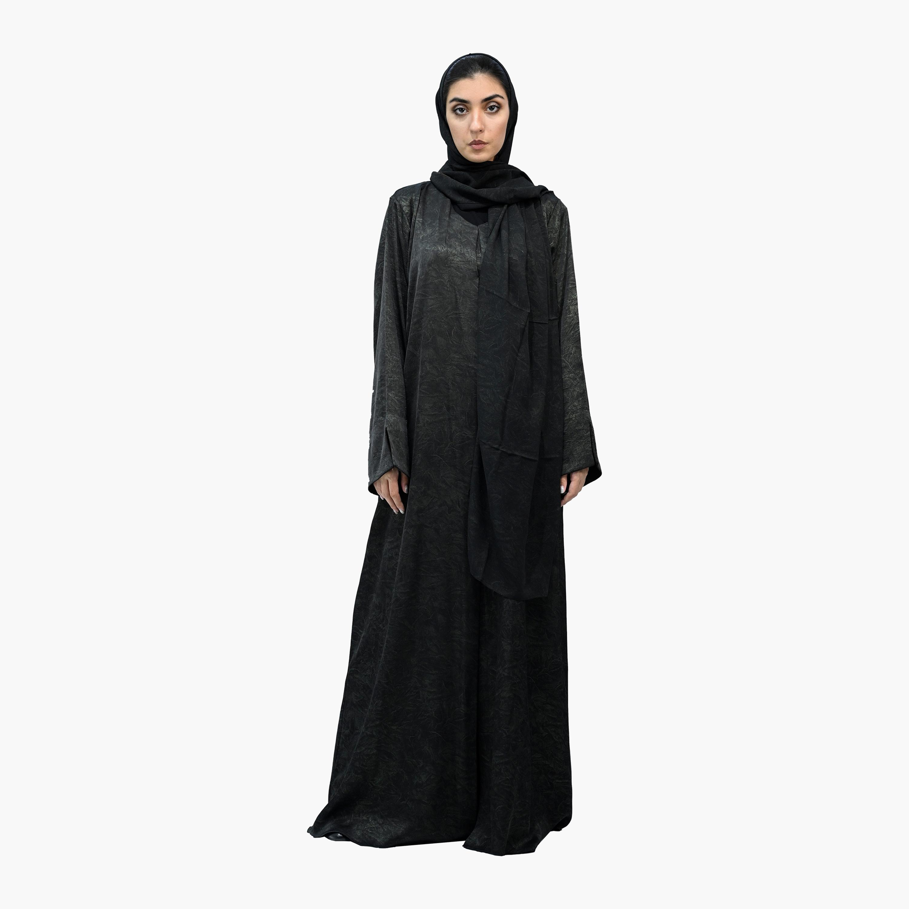 Nukhbaa Black Slit Cuff Sleeves Crinkled Abaya with Hijab-women-arabicclothing-abayas-image-1