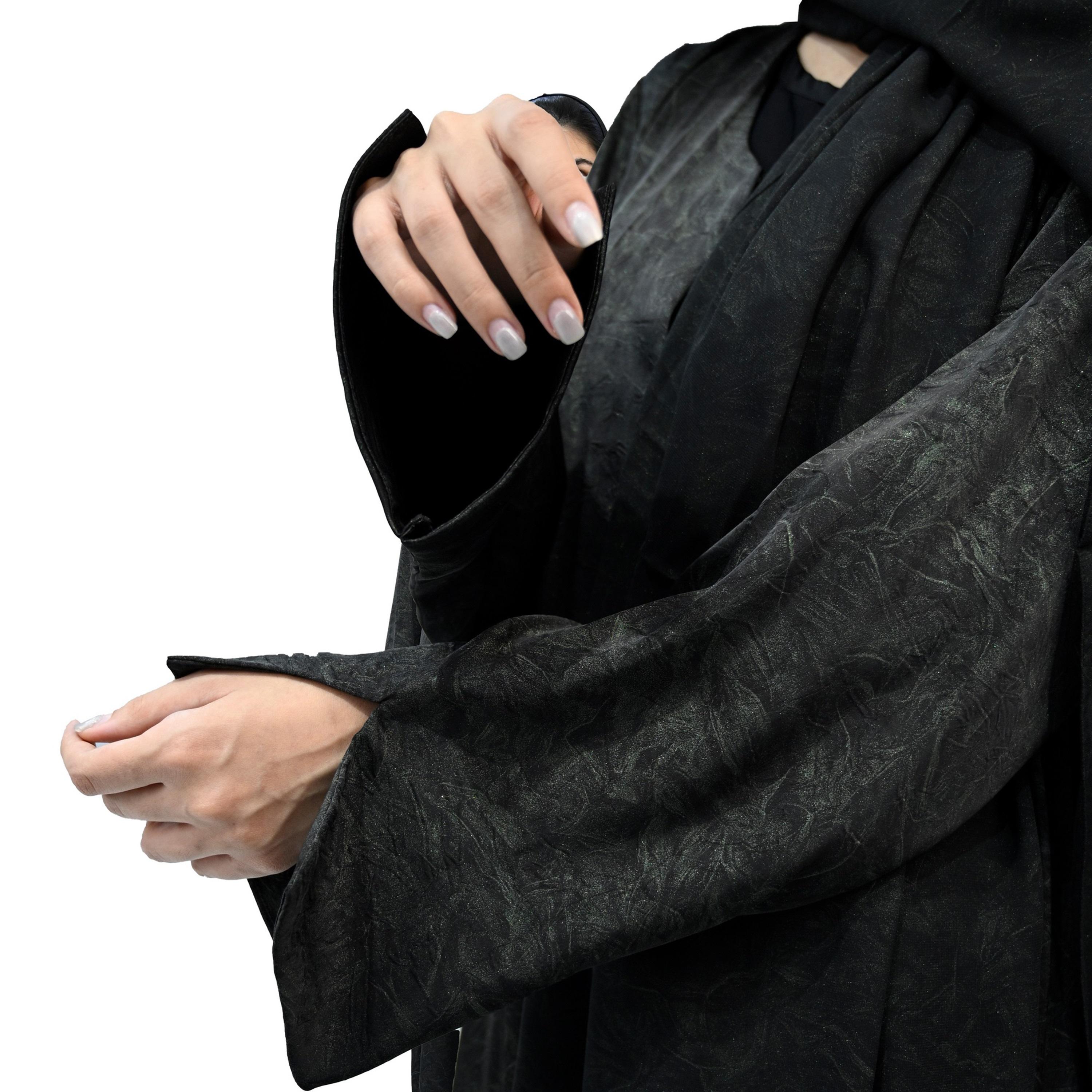 Nukhbaa Black Slit Cuff Sleeves Crinkled Abaya with Hijab-women-arabicclothing-abayas-image-2
