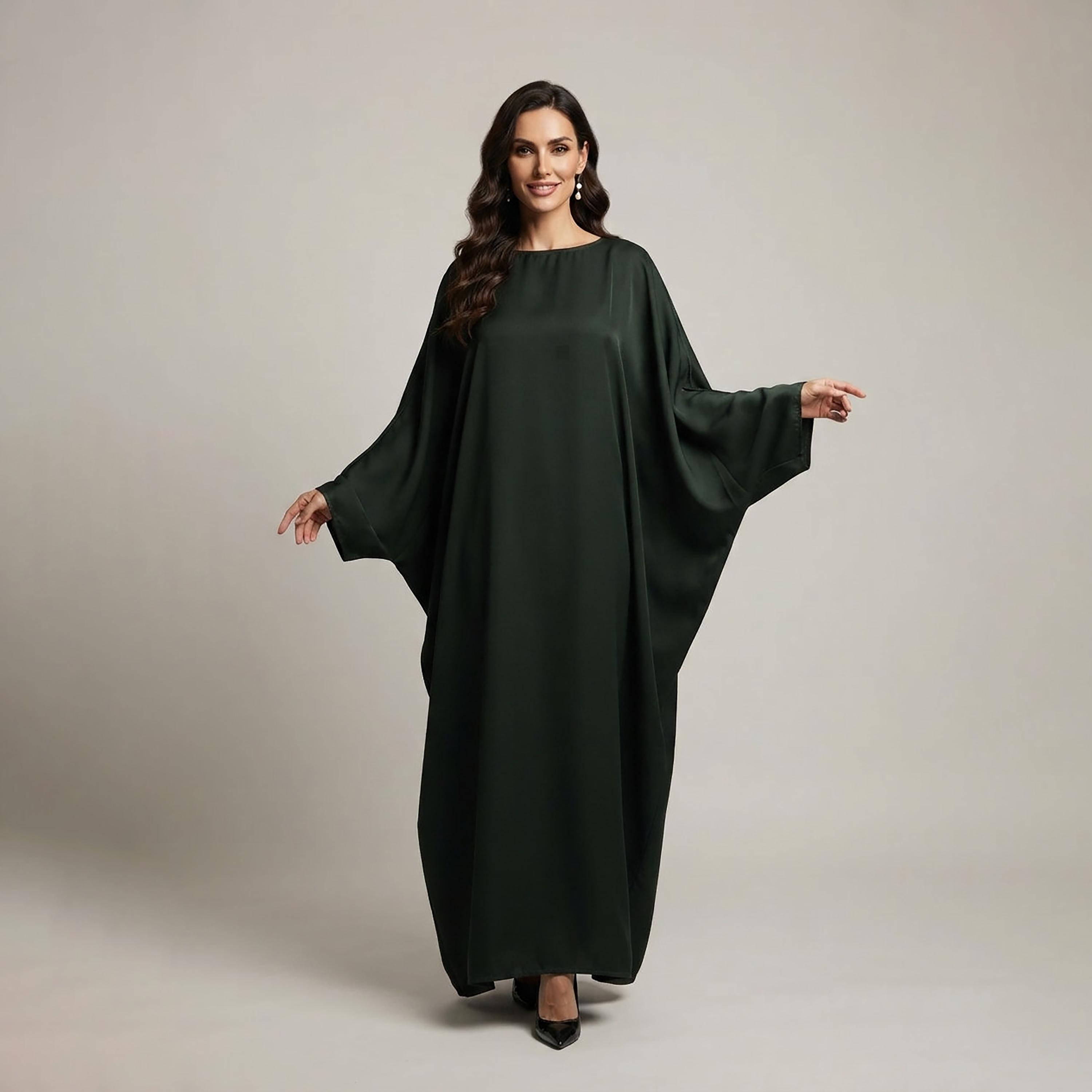 Nikias Forest Green Batwing Sleeves Nida Women's Abaya-women-arabicclothing-abayas-image-1