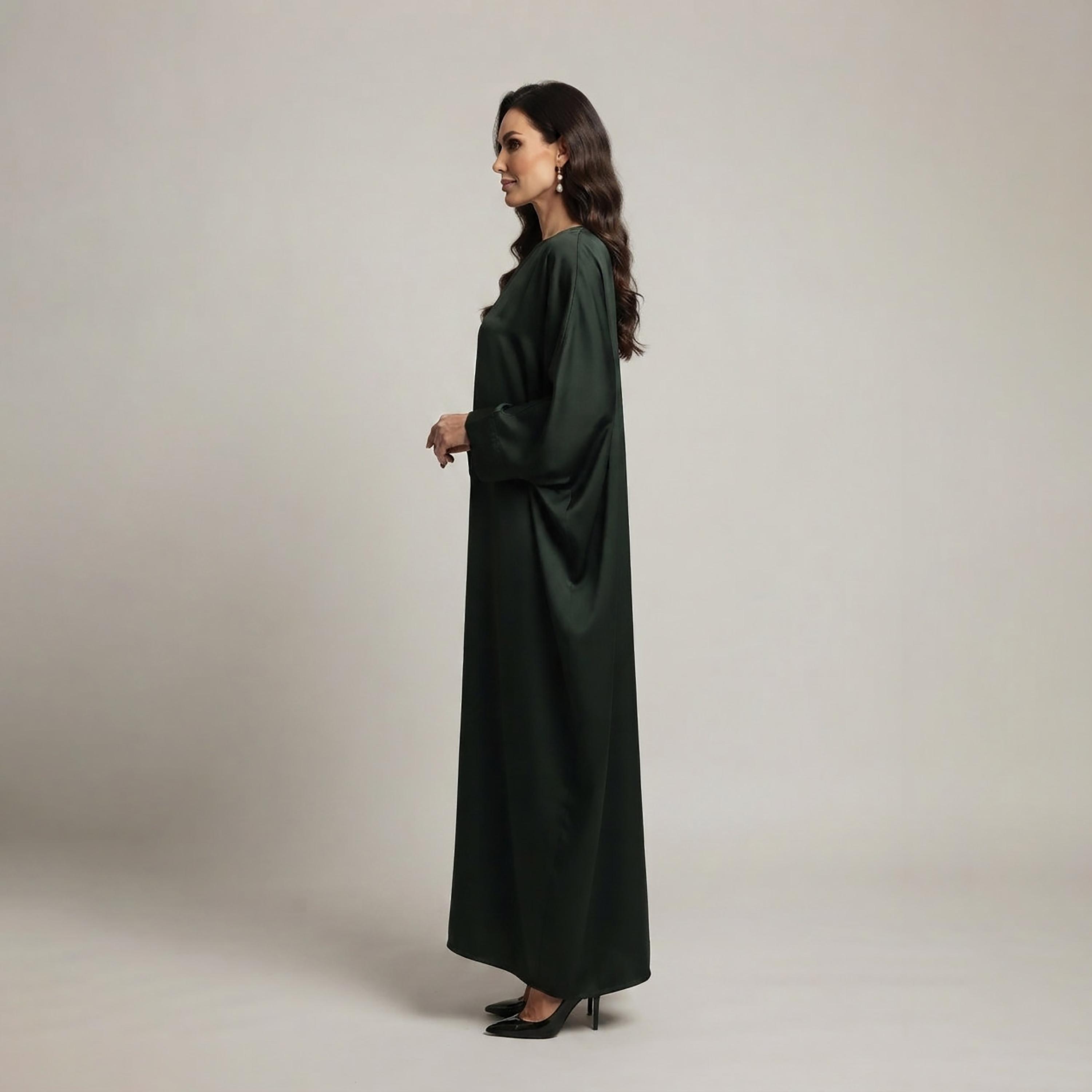 Nikias Forest Green Batwing Sleeves Nida Women's Abaya-women-arabicclothing-abayas-image-2
