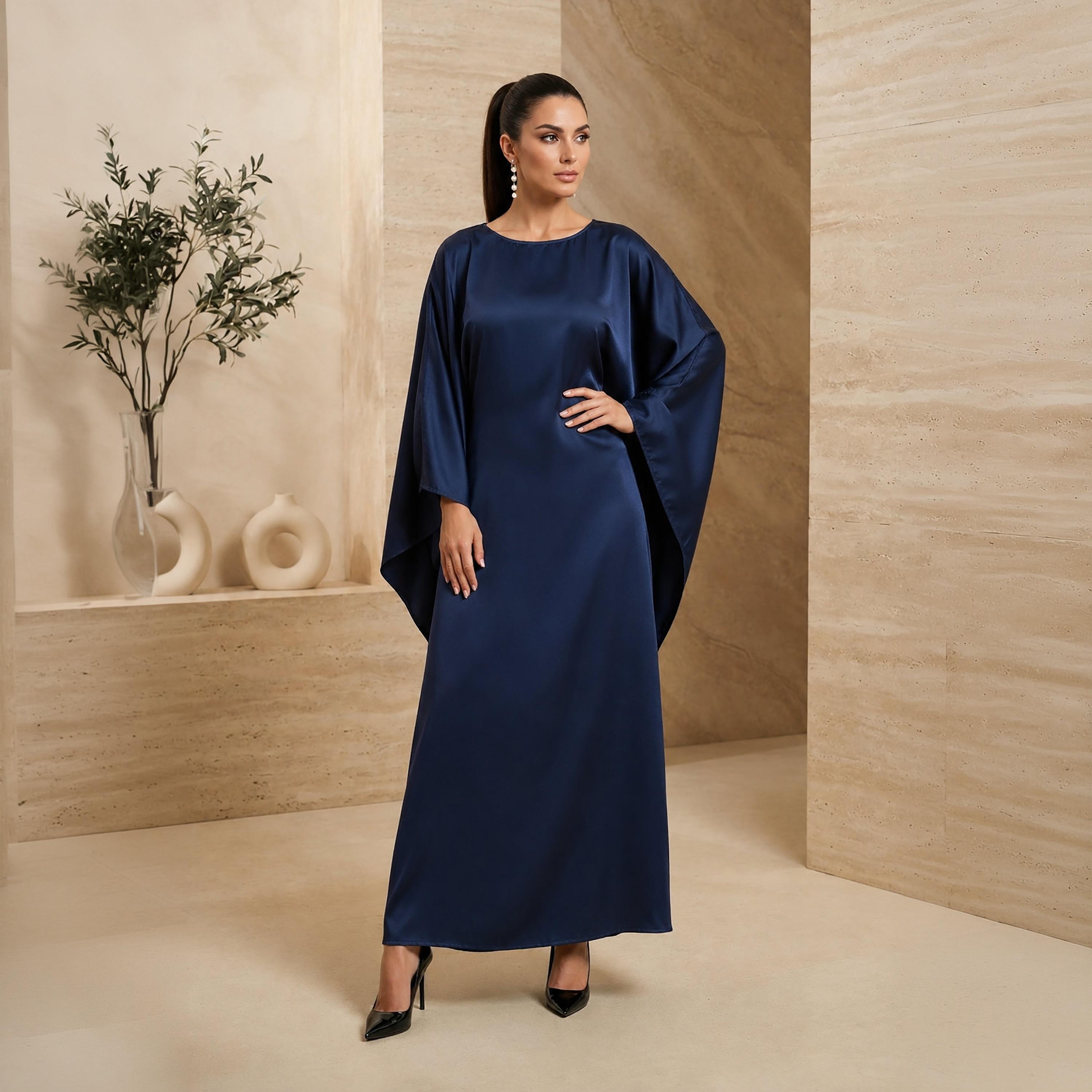 Nikias Navy Blue Batwing Sleeves Nida Women's Abaya-women-arabicclothing-abayas-image-1