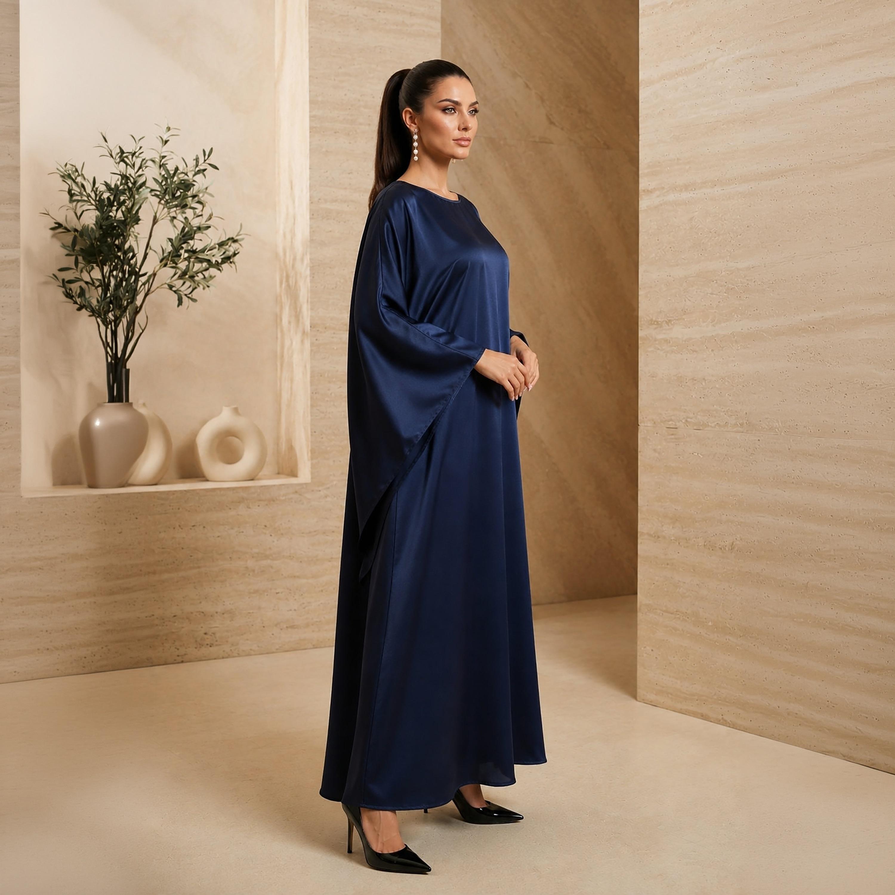 Nikias Navy Blue Batwing Sleeves Nida Women's Abaya-women-arabicclothing-abayas-image-2