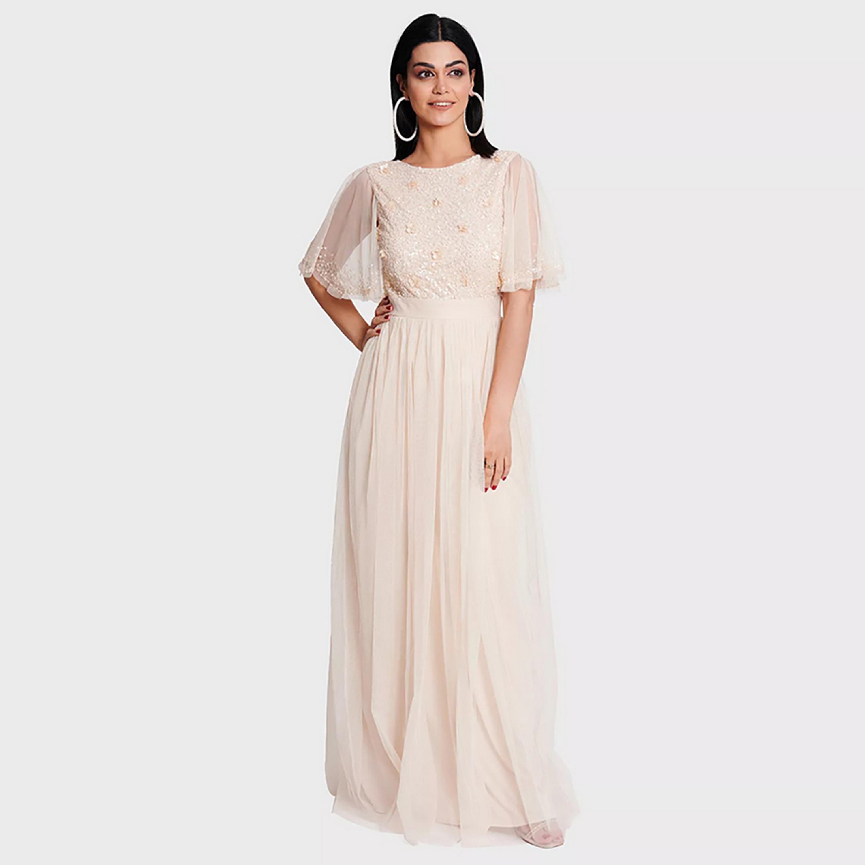 Little Mistress Beige Sequins Flared Sleeves Evening Fit and Flared Maxi Women's Dress-women-clothing-dresses-image-1