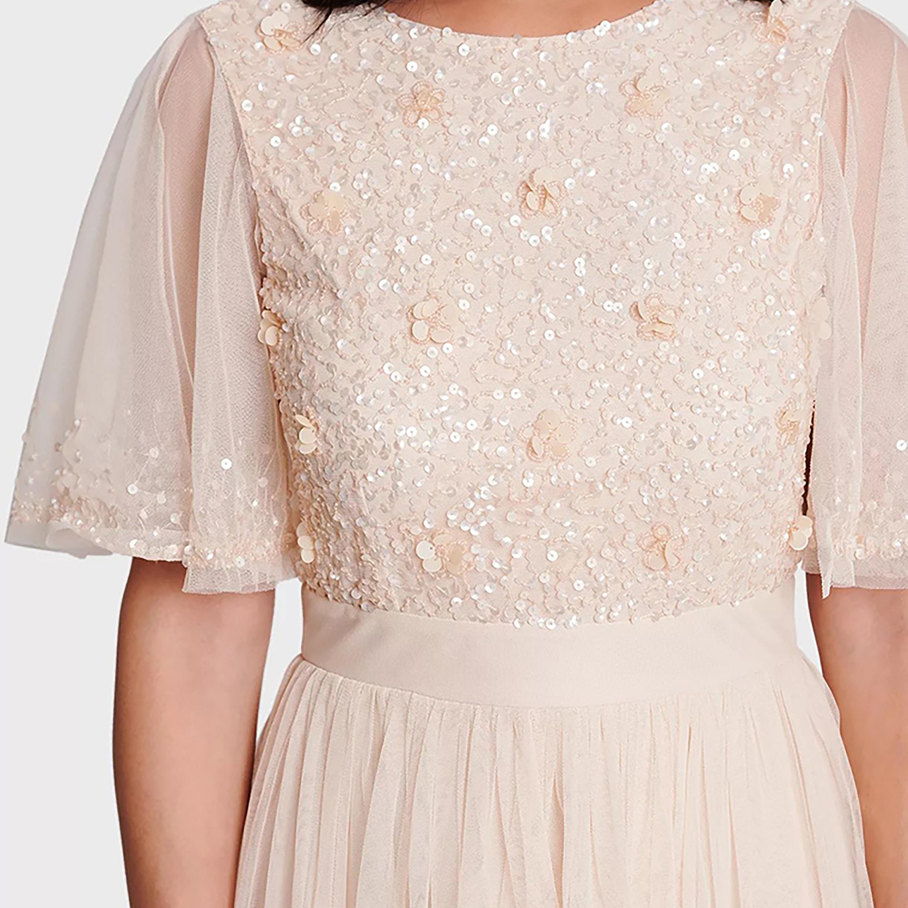 Little Mistress Beige Sequins Flared Sleeves Evening Fit and Flared Maxi Women's Dress-women-clothing-dresses-image-2