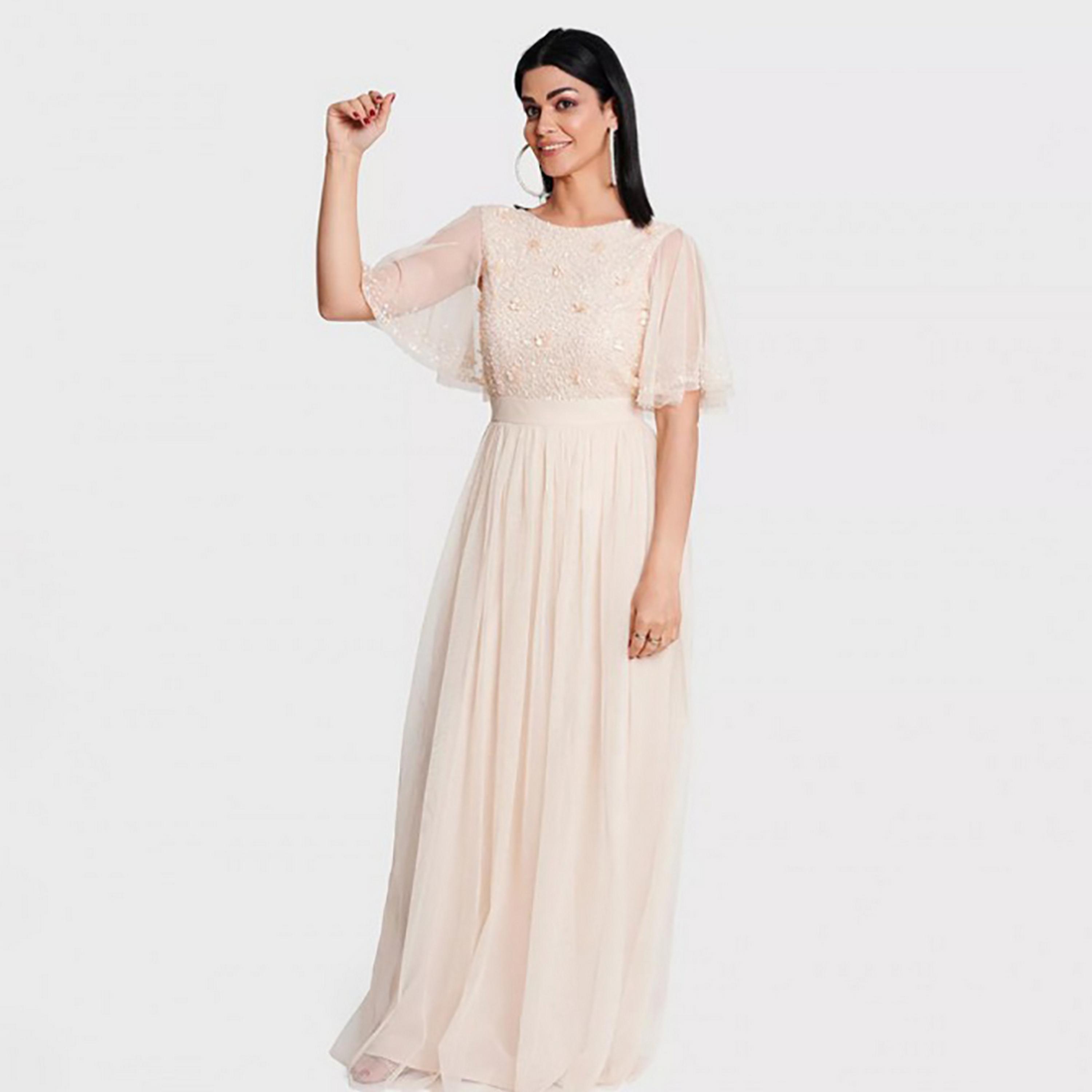 Little Mistress Beige Sequins Flared Sleeves Evening Fit and Flared Maxi Women's Dress-women-clothing-dresses-image-3
