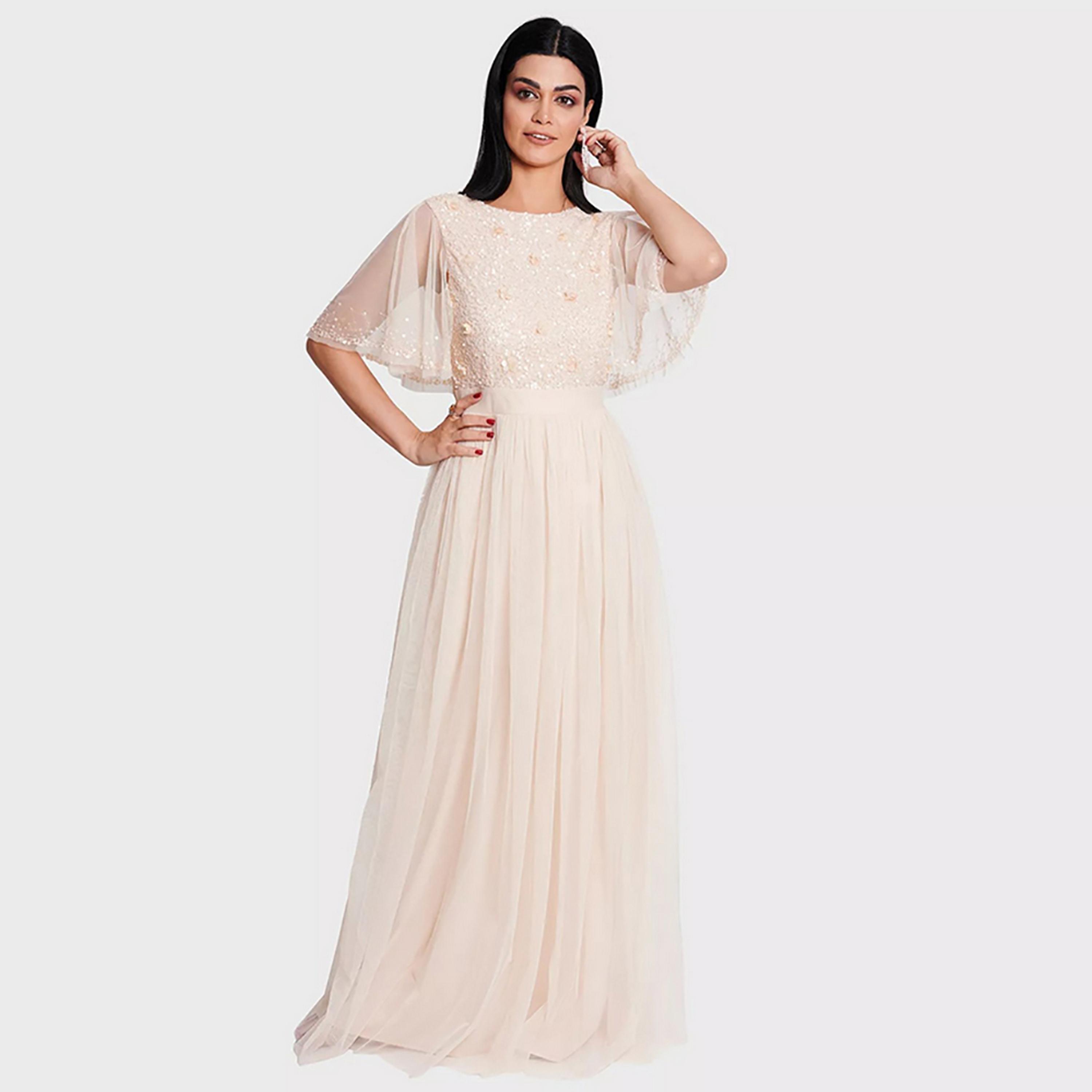 Little Mistress Beige Sequins Flared Sleeves Evening Fit and Flared Maxi Women's Dress-women-clothing-dresses-image-4