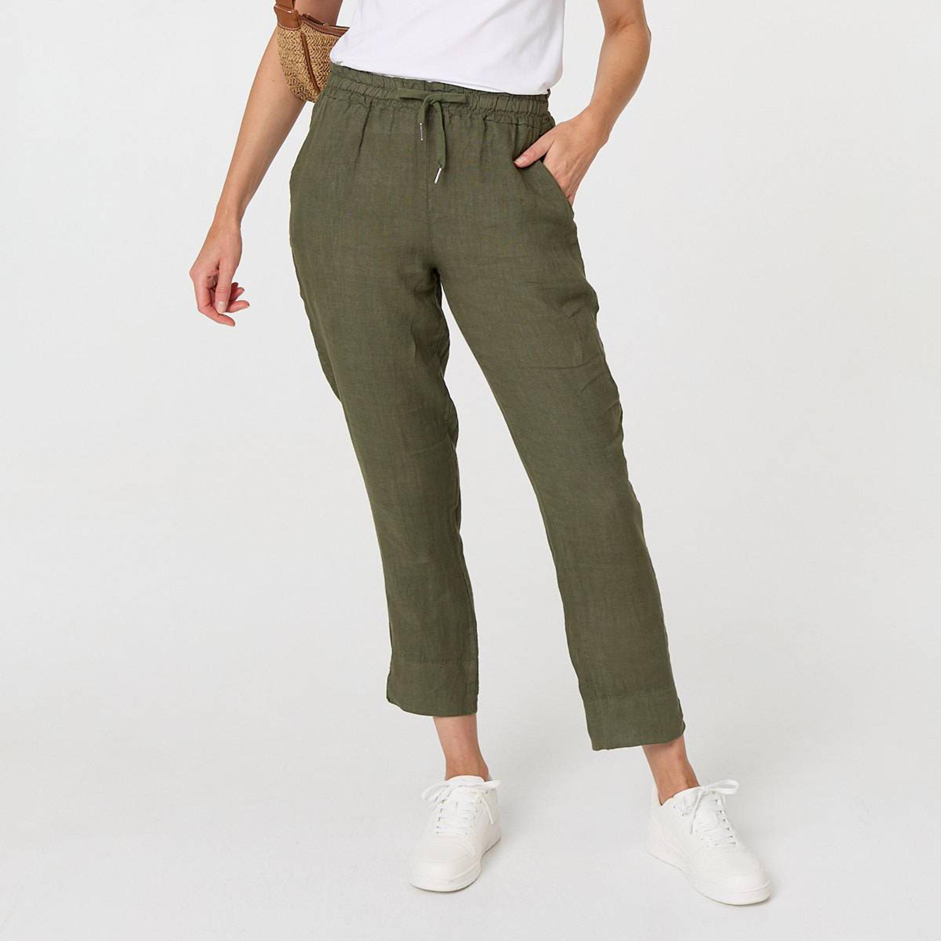 بنطلون كتان نسائي "وايد ليج" أرجل واسعة بلون أخضر من إيزابيل لندن-women-clothing-bottoms-trousers-image-1