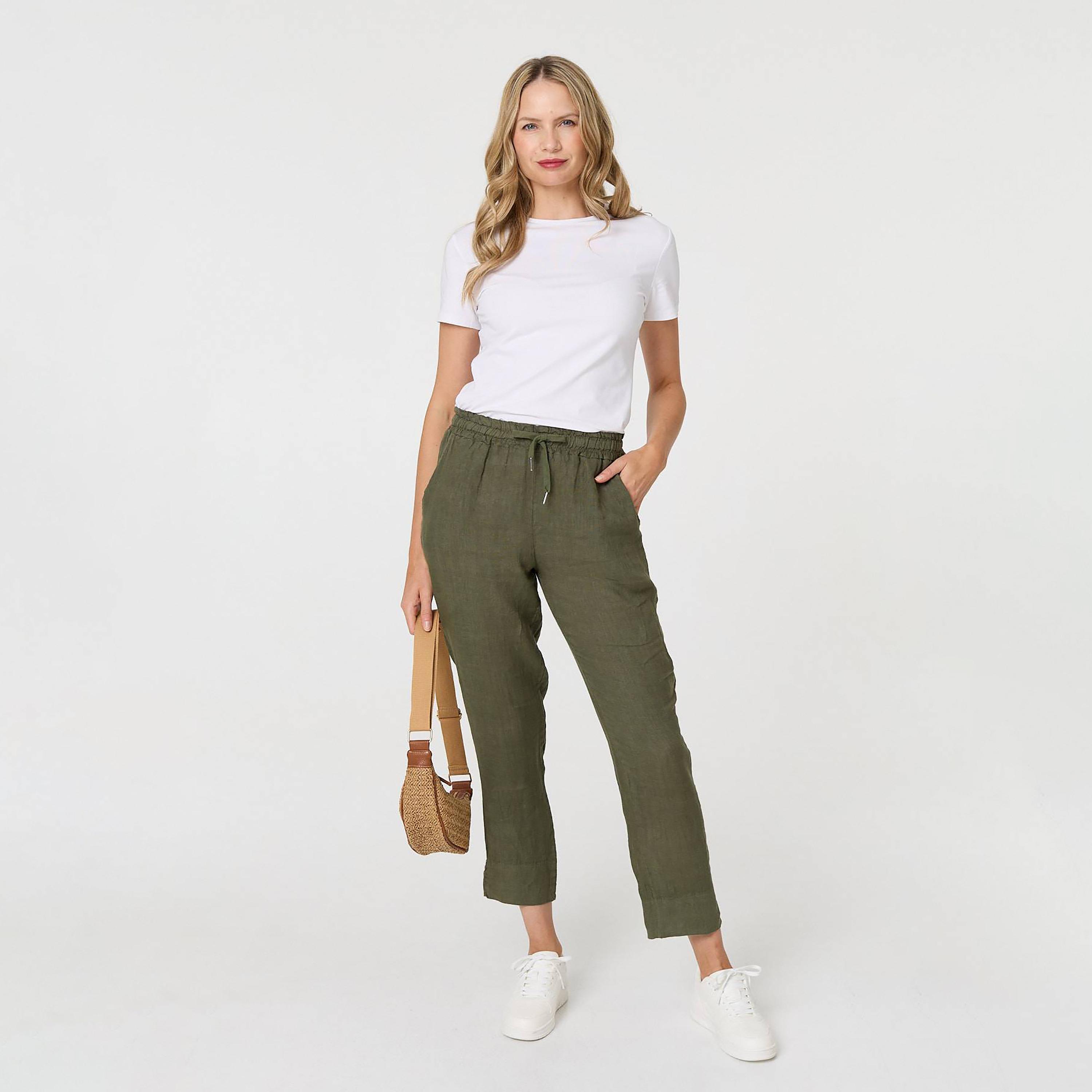 بنطلون كتان نسائي "وايد ليج" أرجل واسعة بلون أخضر من إيزابيل لندن-women-clothing-bottoms-trousers-image-2