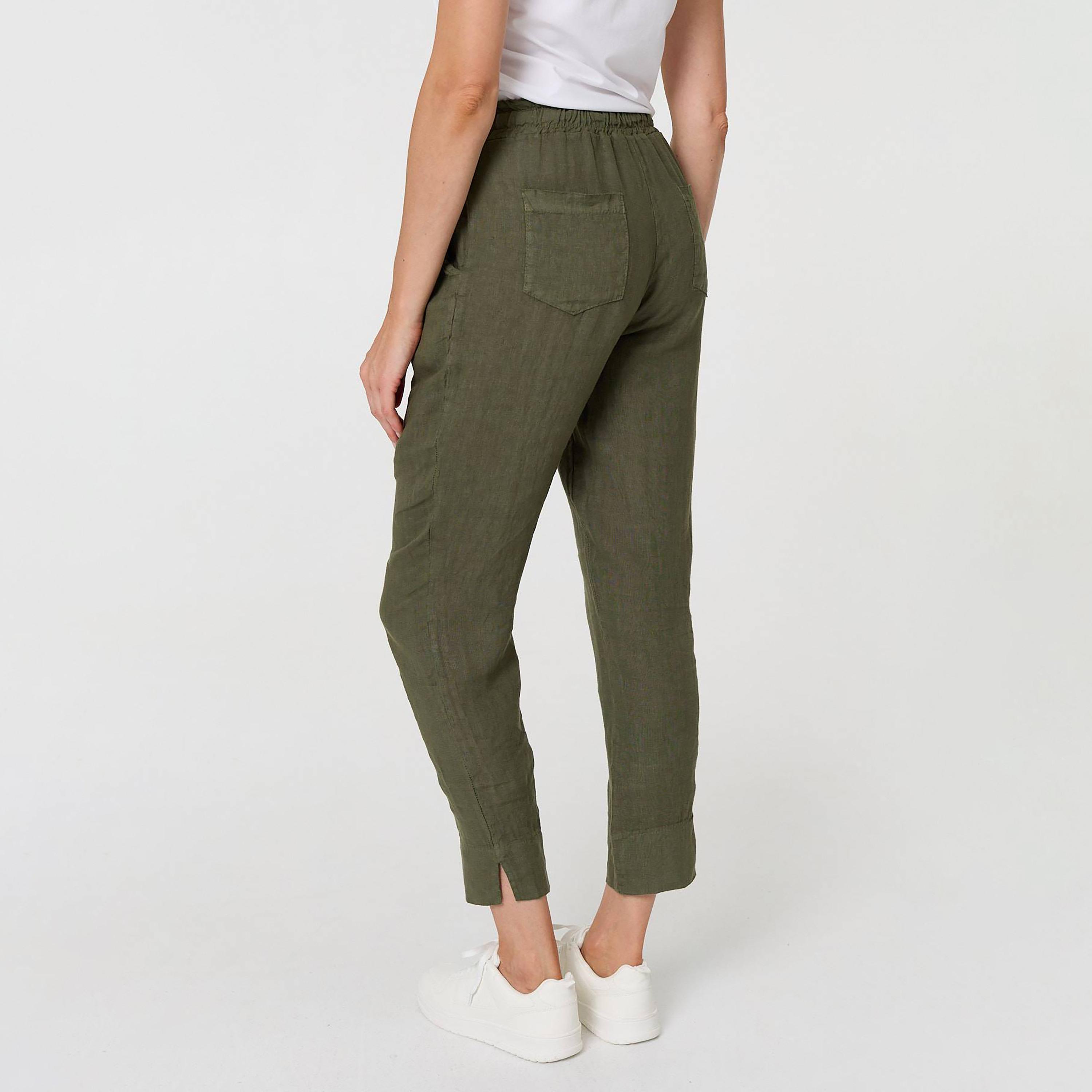 بنطلون كتان نسائي "وايد ليج" أرجل واسعة بلون أخضر من إيزابيل لندن-women-clothing-bottoms-trousers-image-3