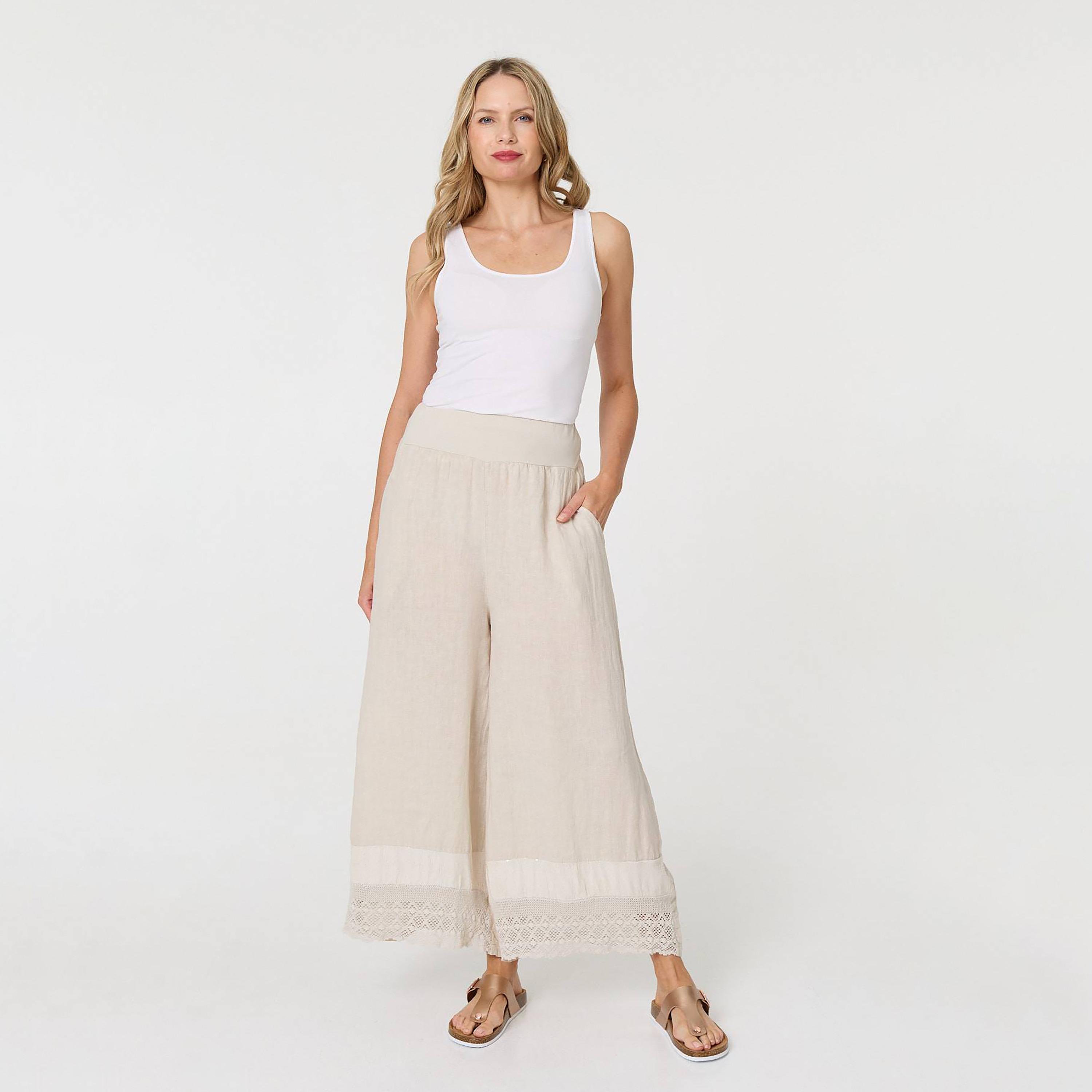 Izabel London Beige Linen Flared Women's Trousers-women-clothing-bottoms-trousers-image-2