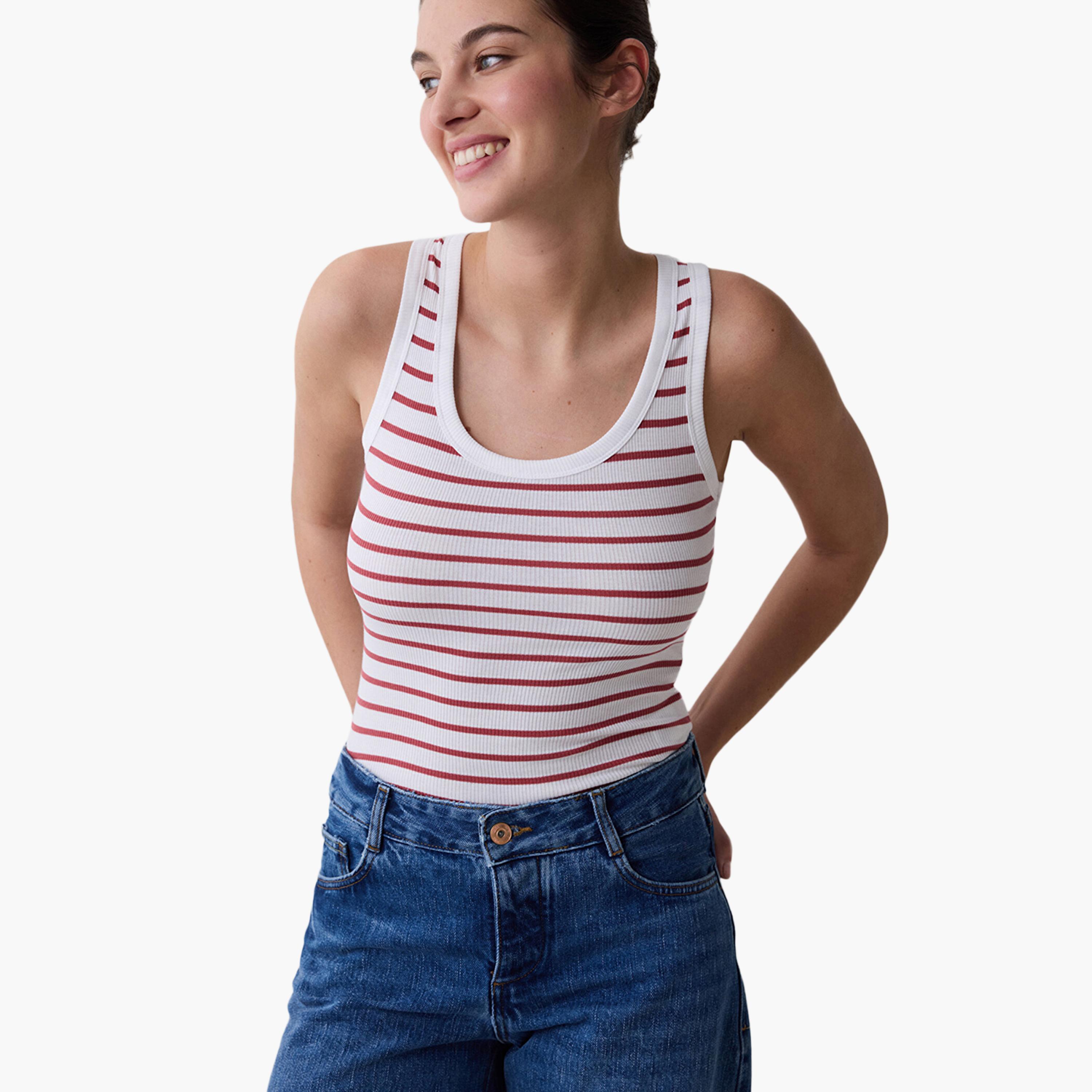 بلوزة نسائية بدون أكمام مضلعة ومخططة ورقبة دائرية من بينتي-women-clothing-shirtsandblouses-blouses-image-4