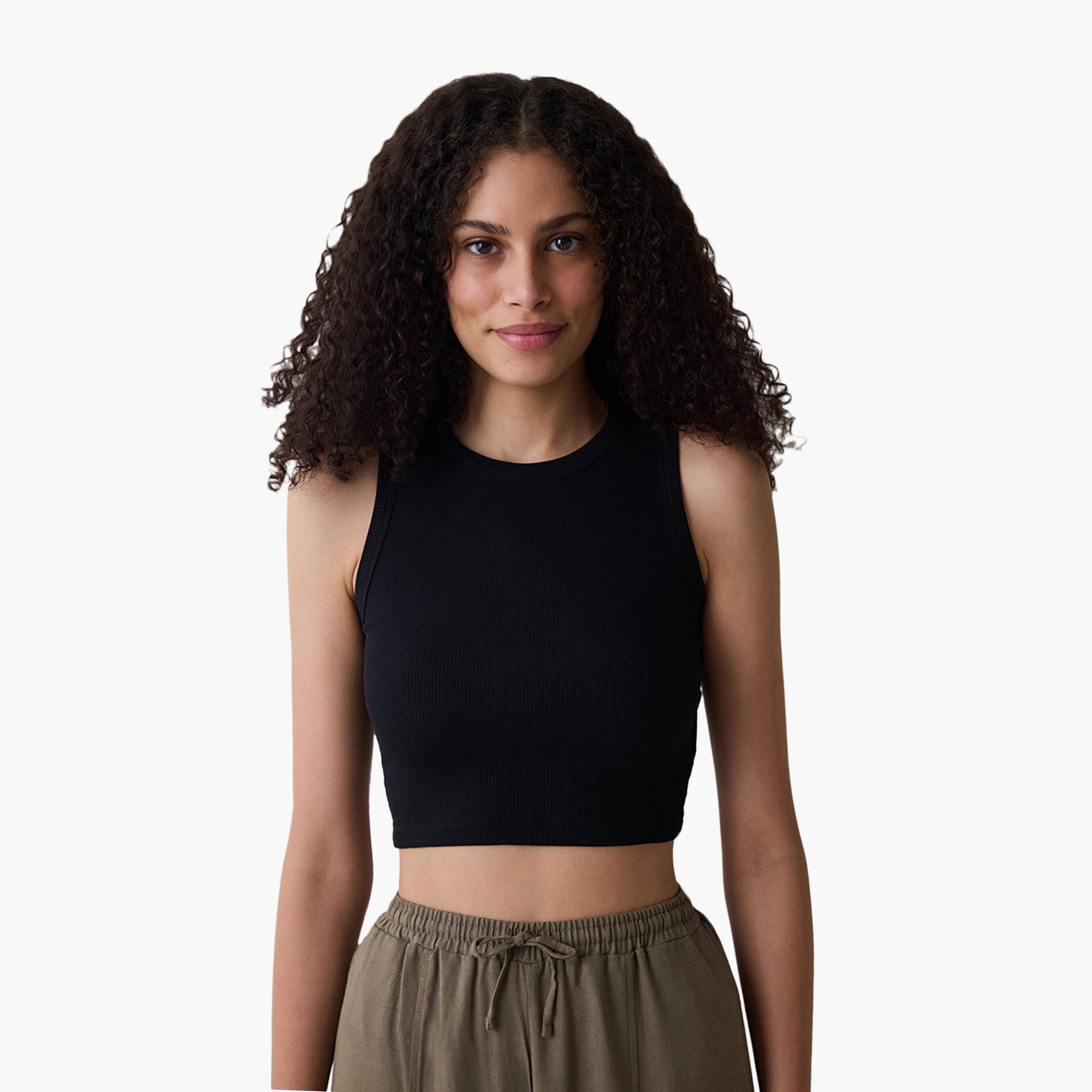 بلوزة نسائية قصيرة سوداء مضلعة من بينتي-women-clothing-shirtsandblouses-blouses-image-1