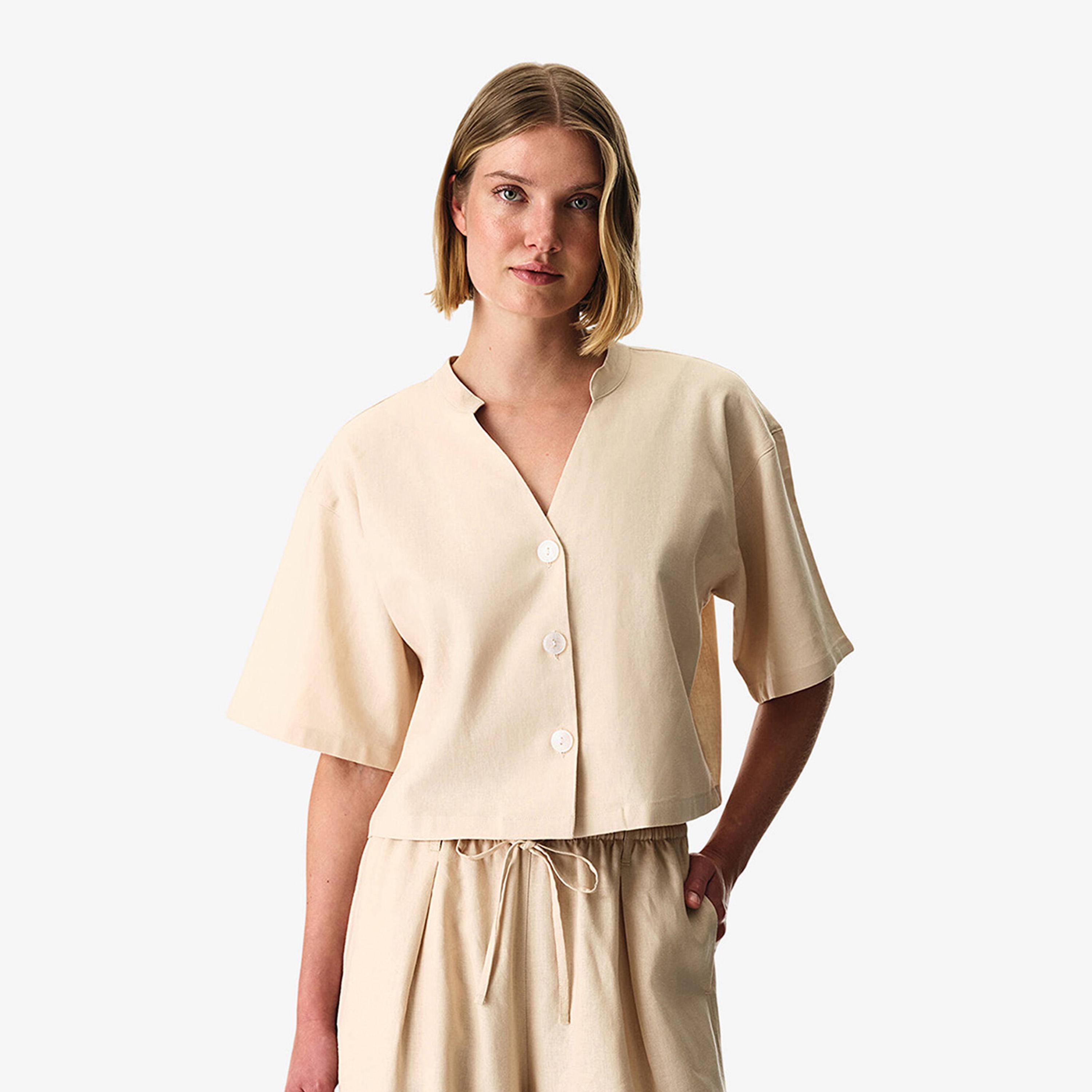 Penti Relaxed Fit Plain Mandarin Collar Short Sleeves Women's Shirt-women-clothing-swimandbeach-beachwear-image-1