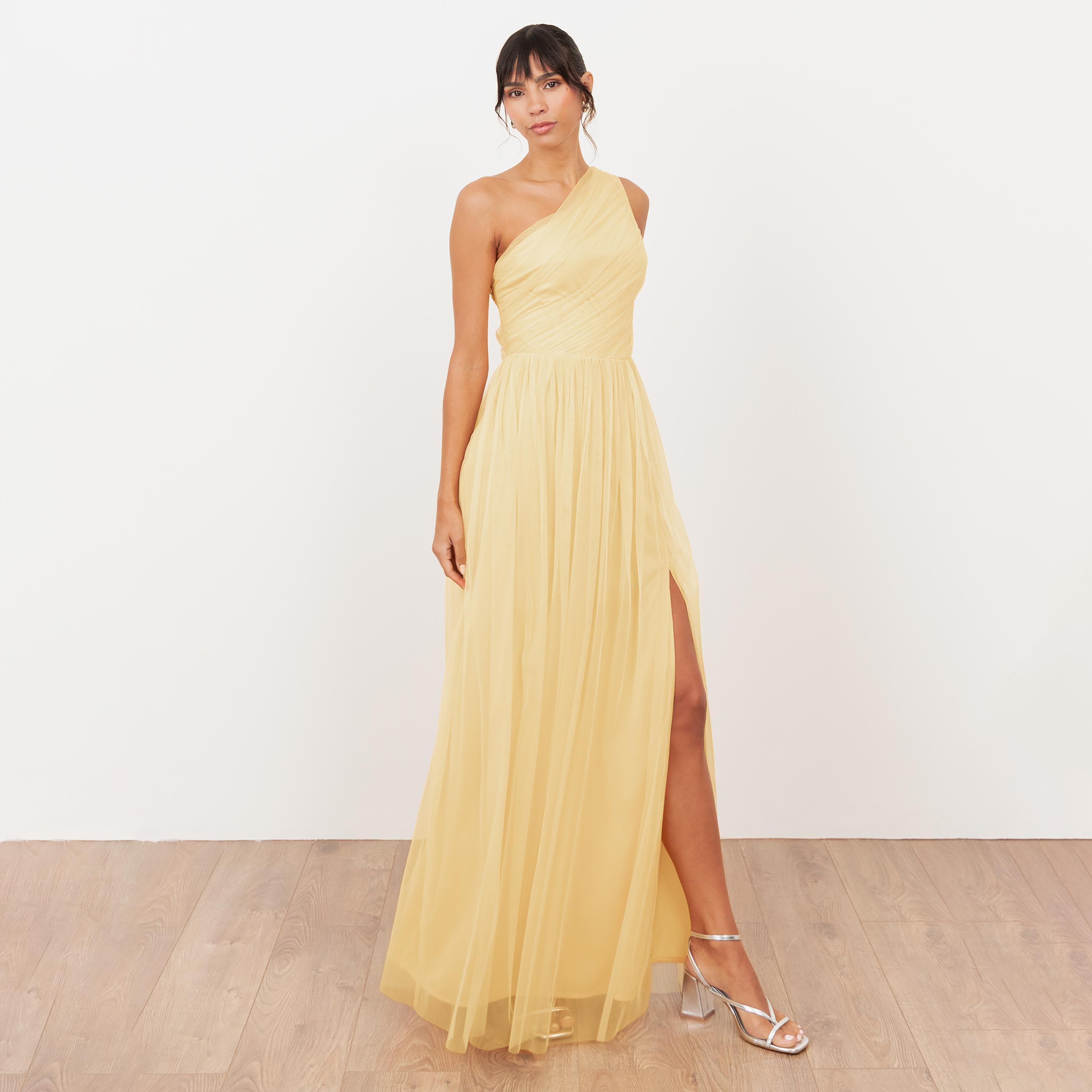Anaya With Love Recycled Butter Yellow Tulle One Shoulder Fit & Flared Women's Evening Maxi Dress-women-clothing-dresses-image-1