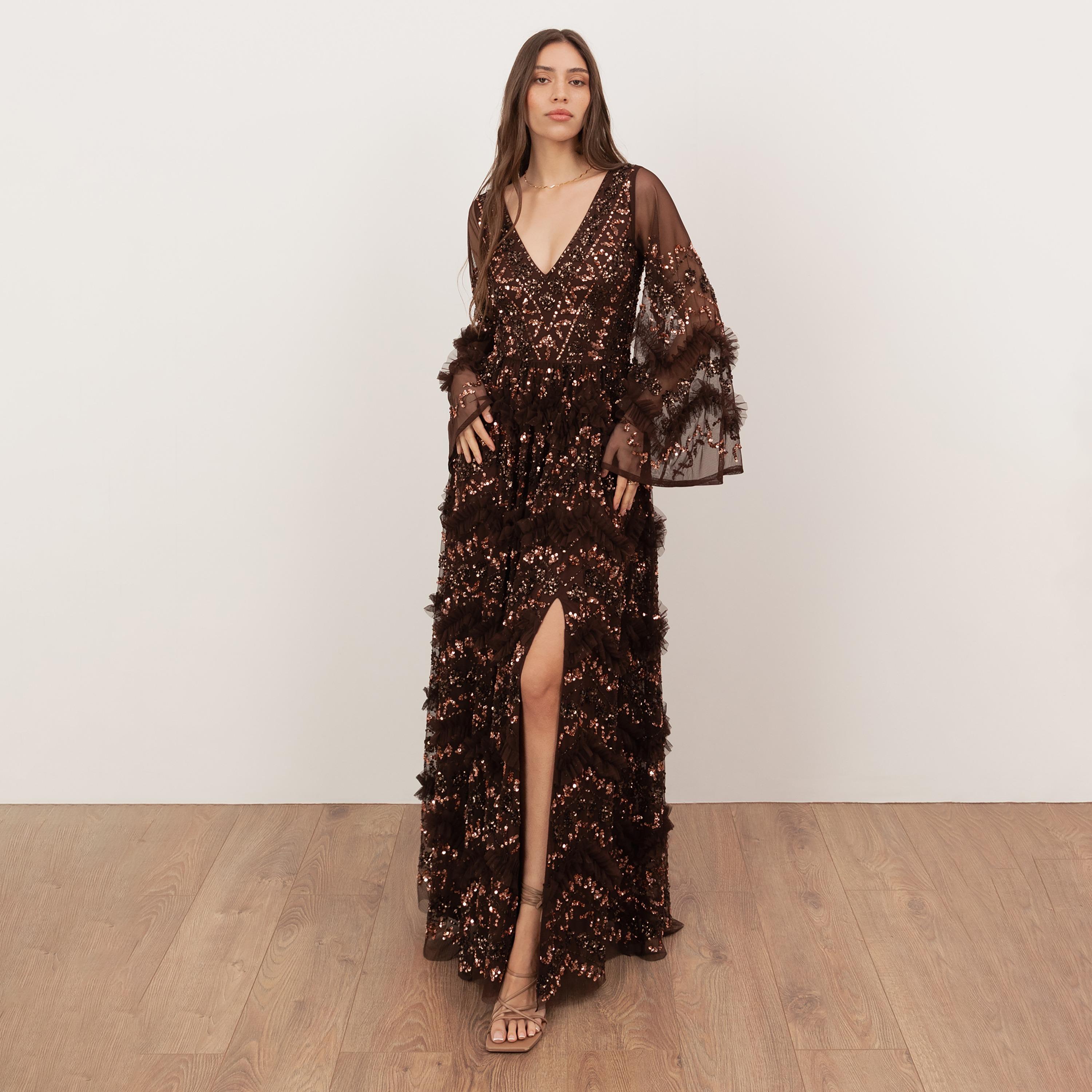 Maya Deluxe Sequined Tulle Flared Sleeves Slit Women's Evening Maxi Dress-women-clothing-dresses-image-1