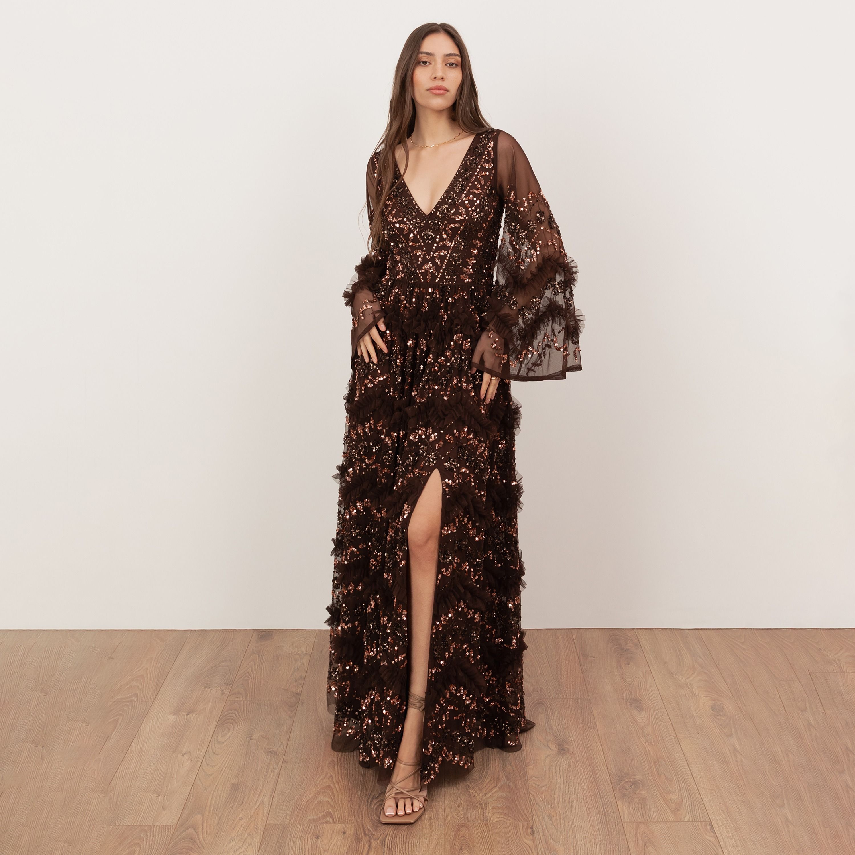 Maya Deluxe Sequined Tulle Flared Sleeves Slit Women's Evening Maxi Dress-women-clothing-dresses-image-1