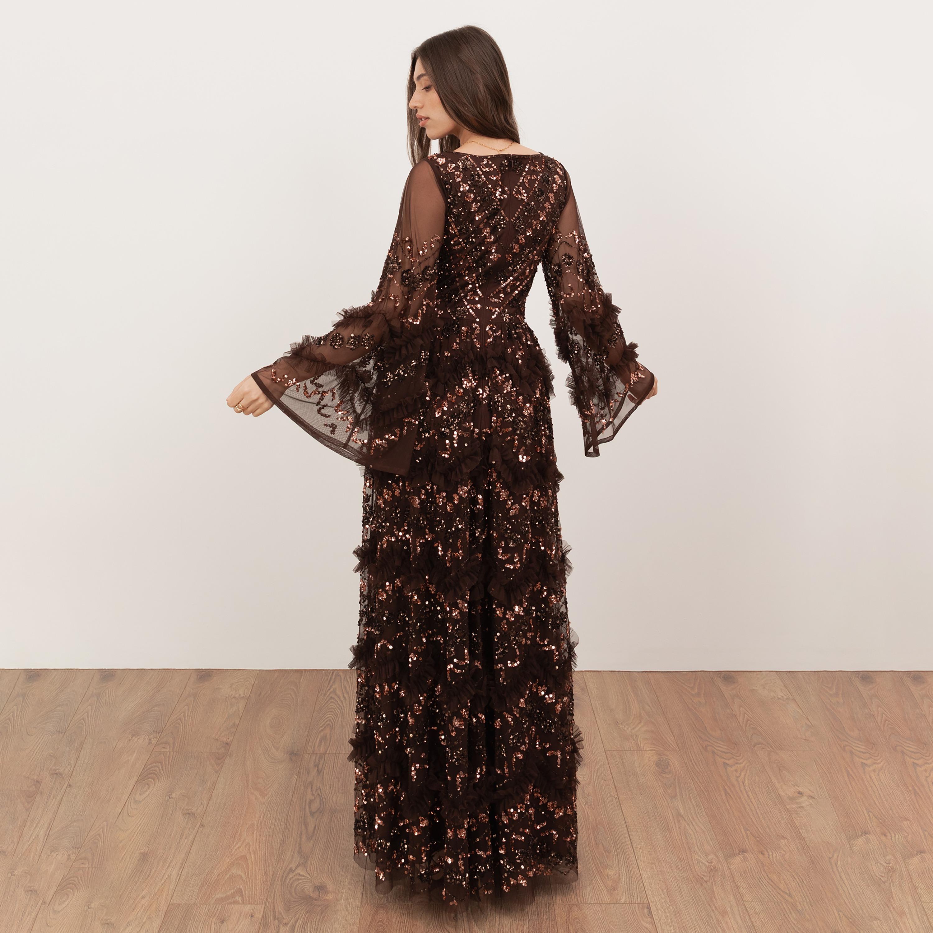 Maya Deluxe Sequined Tulle Flared Sleeves Slit Women's Evening Maxi Dress-women-clothing-dresses-image-2