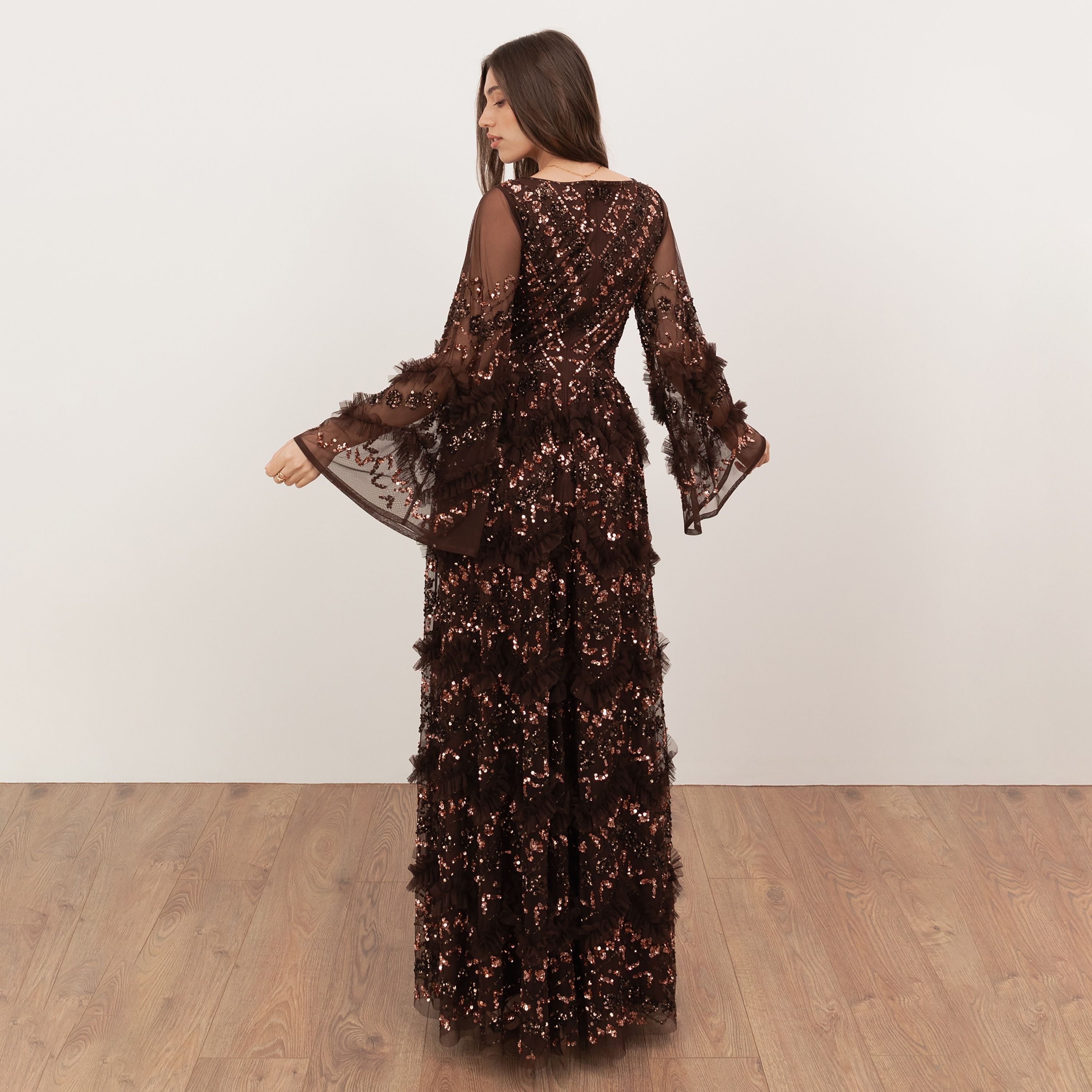 Maya Deluxe Sequined Tulle Flared Sleeves Slit Women's Evening Maxi Dress-women-clothing-dresses-image-2