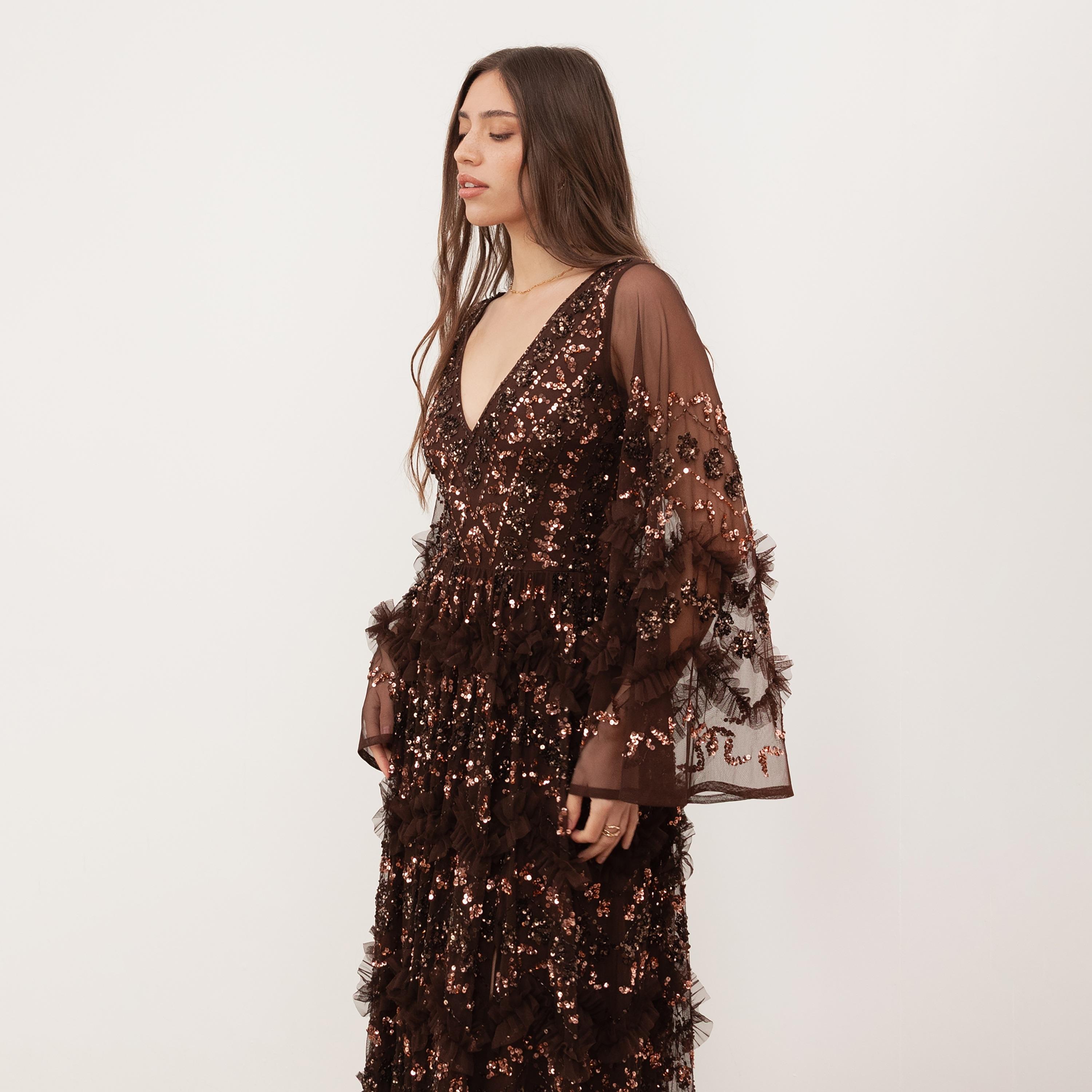Maya Deluxe Sequined Tulle Flared Sleeves Slit Women's Evening Maxi Dress-women-clothing-dresses-image-3