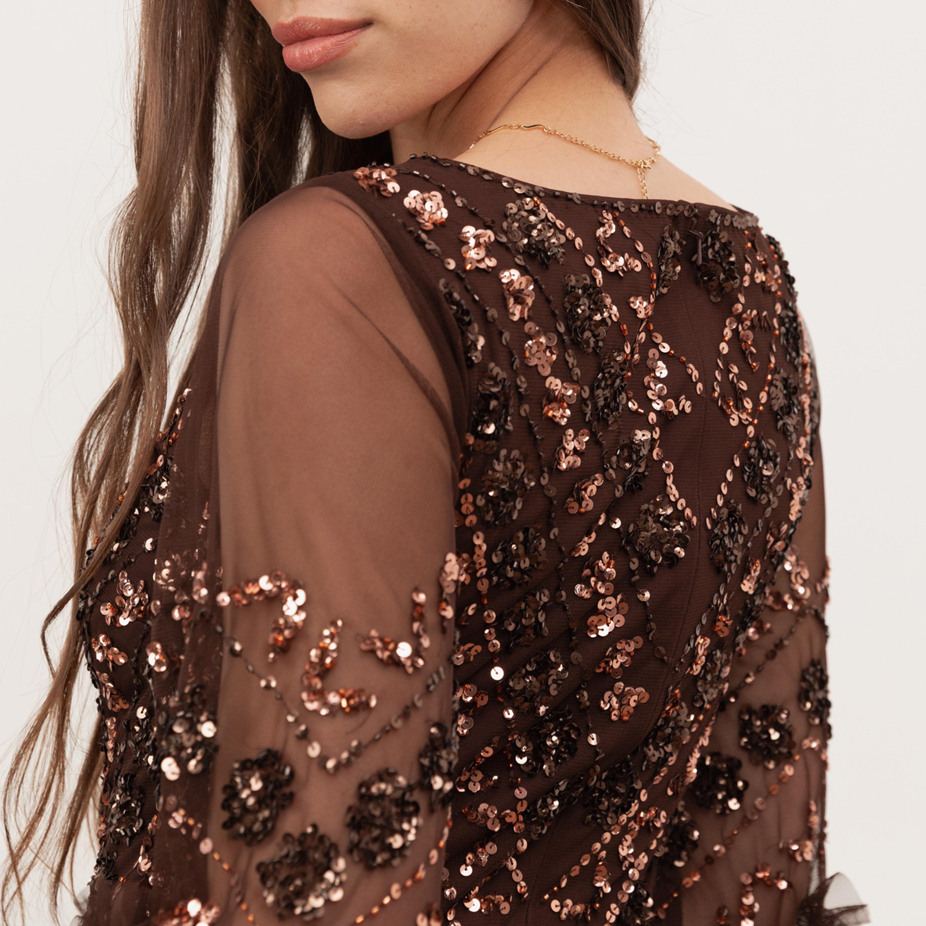 Maya Deluxe Sequined Tulle Flared Sleeves Slit Women's Evening Maxi Dress-women-clothing-dresses-image-4