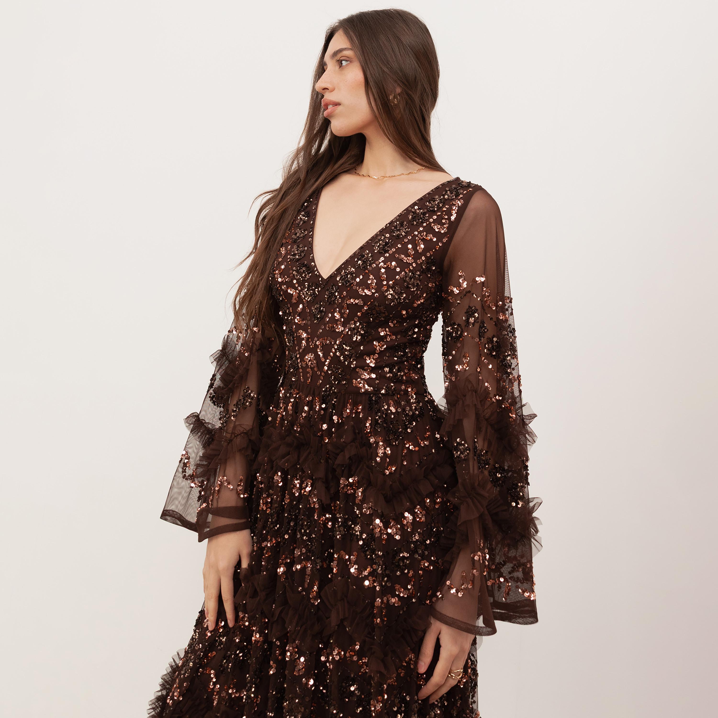 Maya Deluxe Sequined Tulle Flared Sleeves Slit Women's Evening Maxi Dress-women-clothing-dresses-image-5