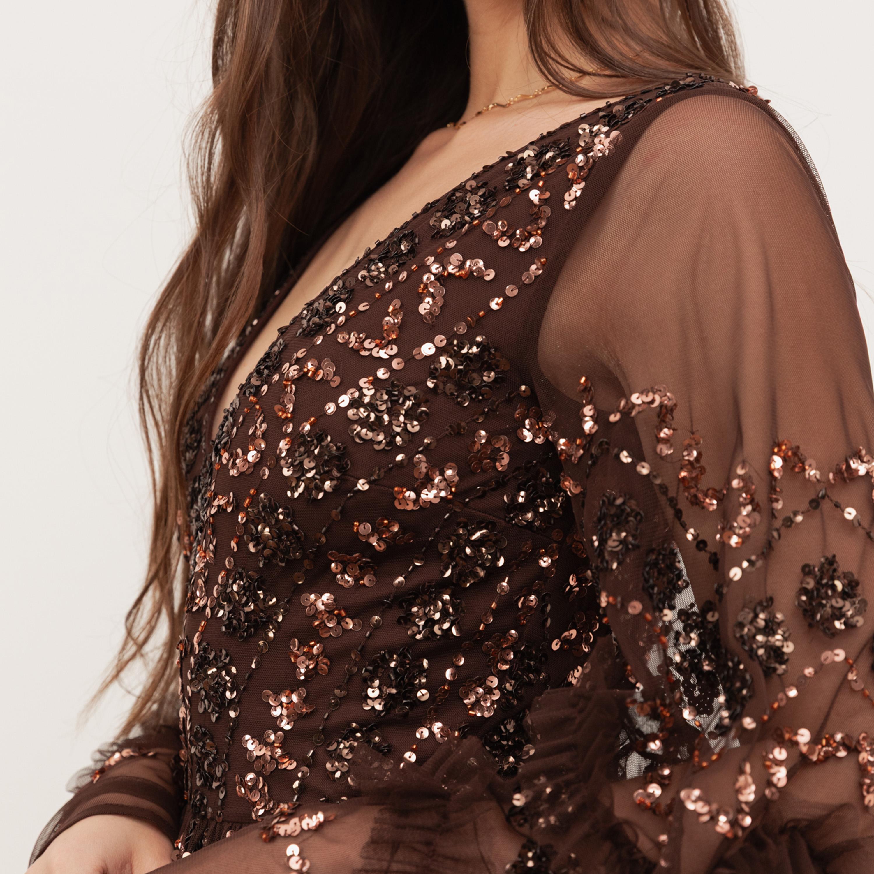 Maya Deluxe Sequined Tulle Flared Sleeves Slit Women's Evening Maxi Dress-women-clothing-dresses-image-6