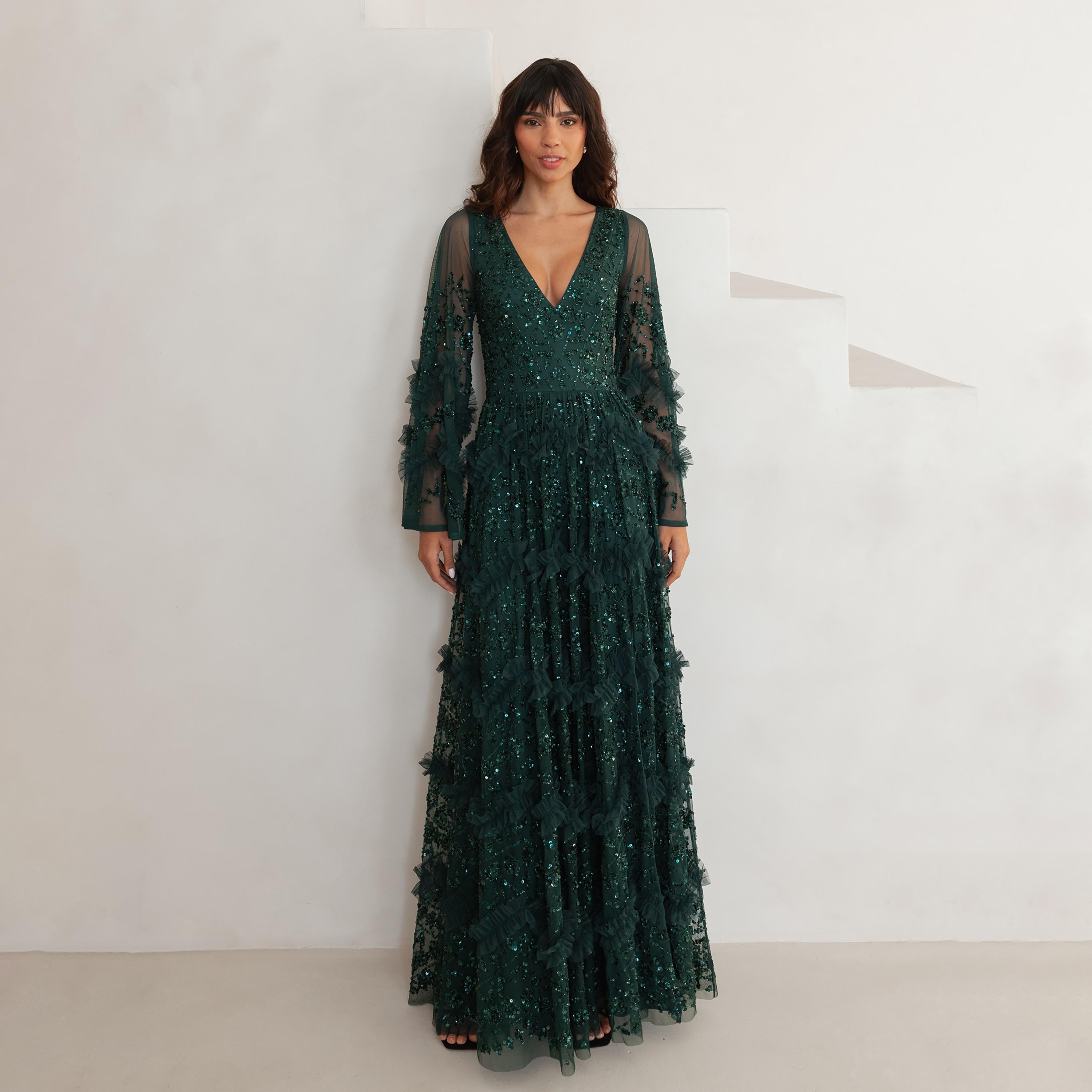 Maya Deluxe Sequined Tulle Flared Sleeves Slit Women's Evening Maxi Dress-women-clothing-dresses-image-1