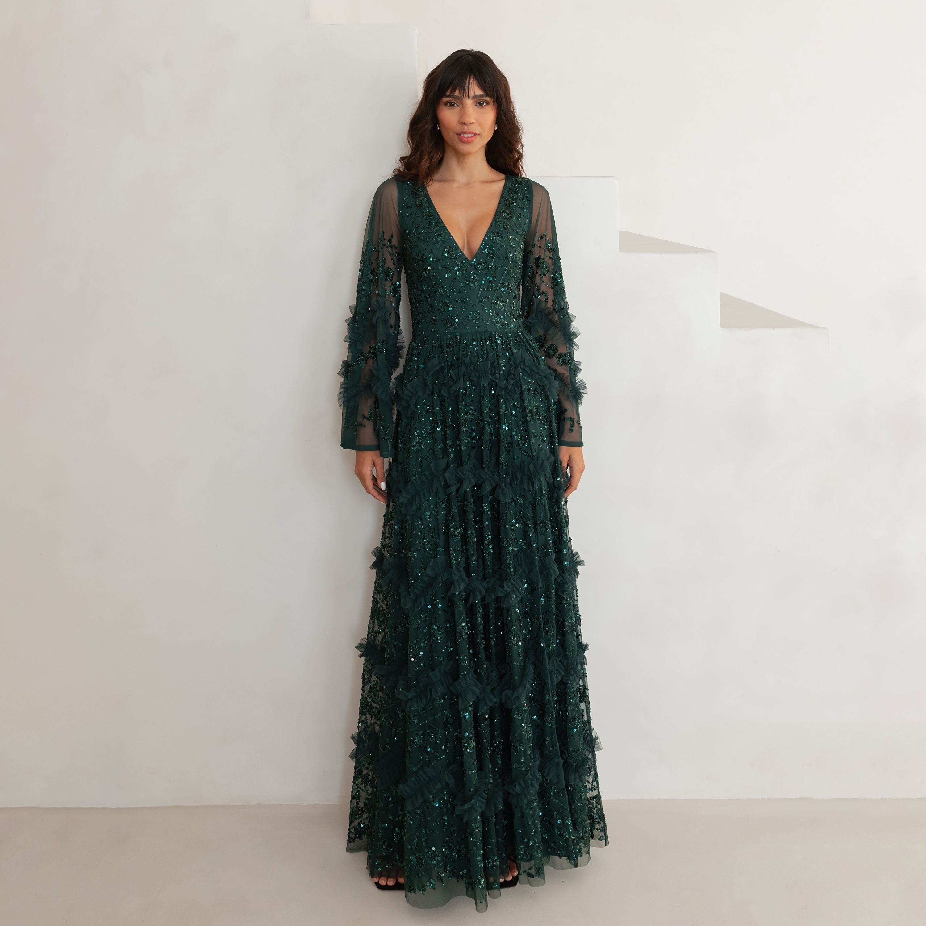 Maya Deluxe Sequined Tulle Flared Sleeves Slit Women's Evening Maxi Dress-women-clothing-dresses-image-7